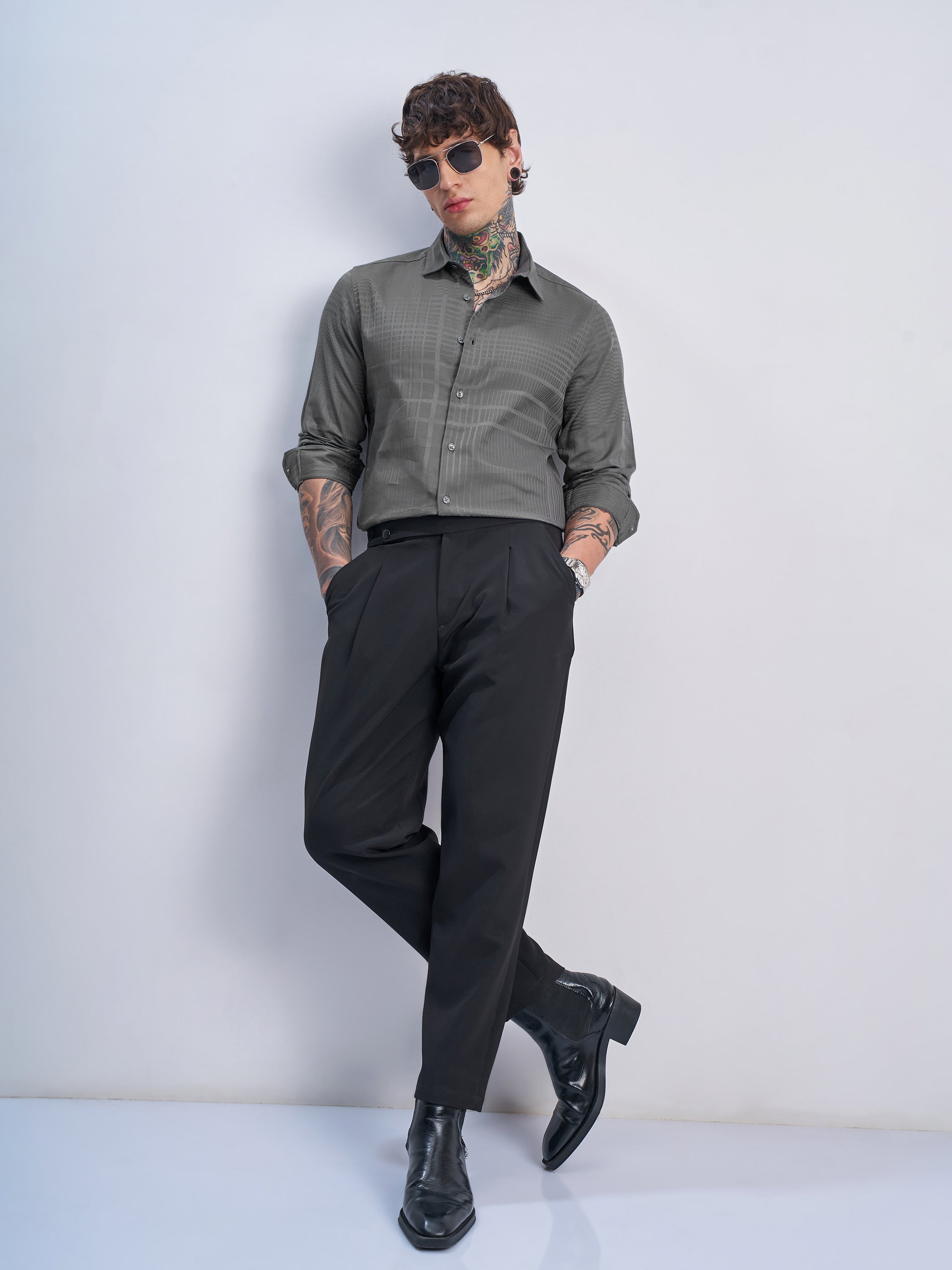 Highlander Men Grey Self Design Slim Fit Casual Shirt - Grey - Image 2