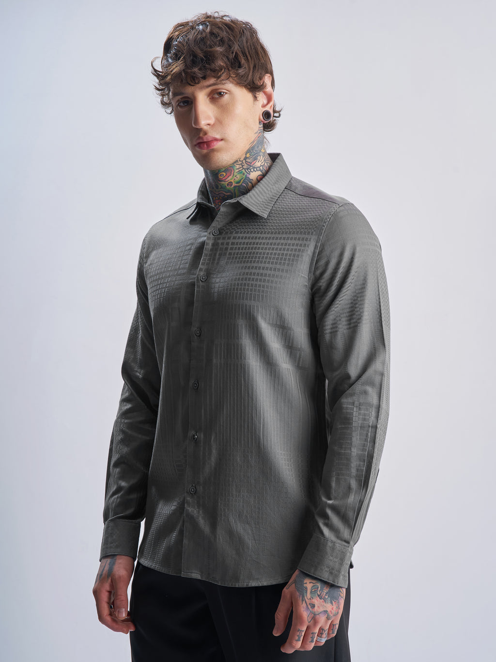 Highlander Men Grey Self Design Slim Fit Casual Shirt - Grey - Image 4