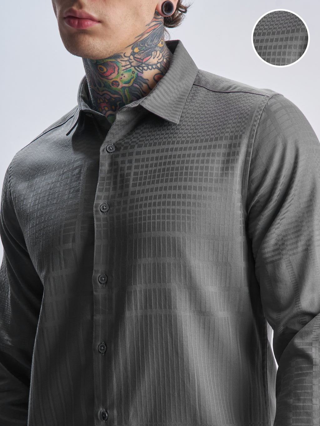 Highlander Men Grey Self Design Slim Fit Casual Shirt - Grey - Image 5