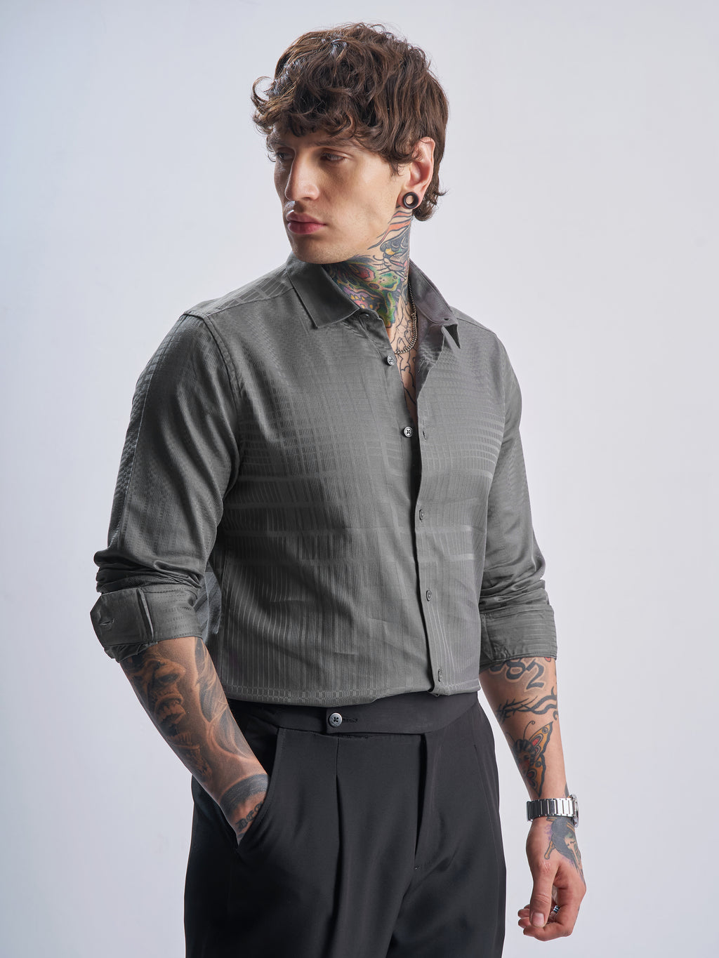Highlander Men Grey Self Design Slim Fit Casual Shirt - Grey - Image 6