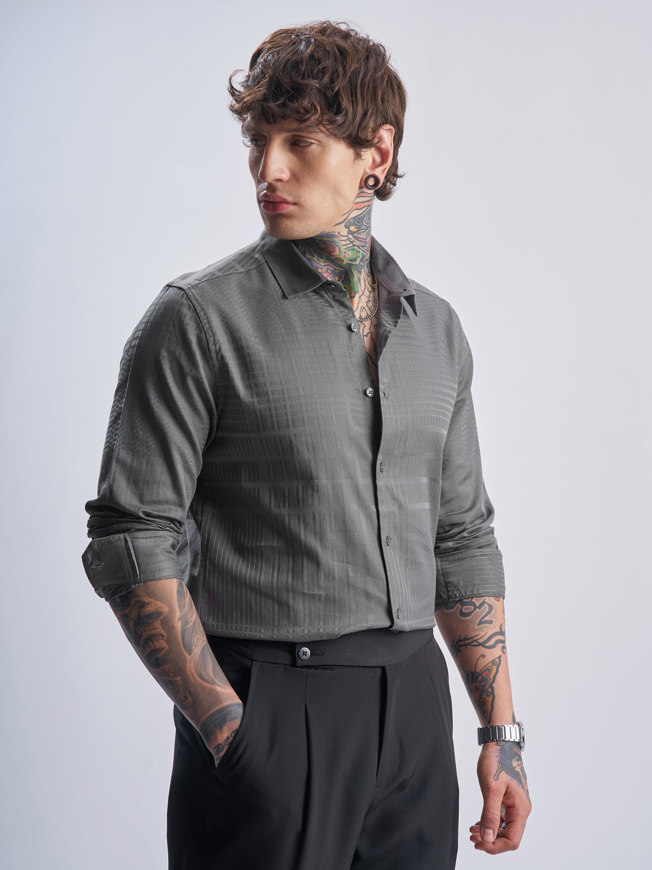 Highlander Men Grey Self Design Slim Fit Casual Shirt - Grey - Image 6