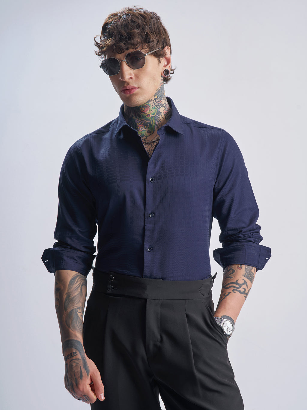 Highlander Men Navy Blue Self Design Slim Fit Casual Shirt - Navy Blue - Image 1