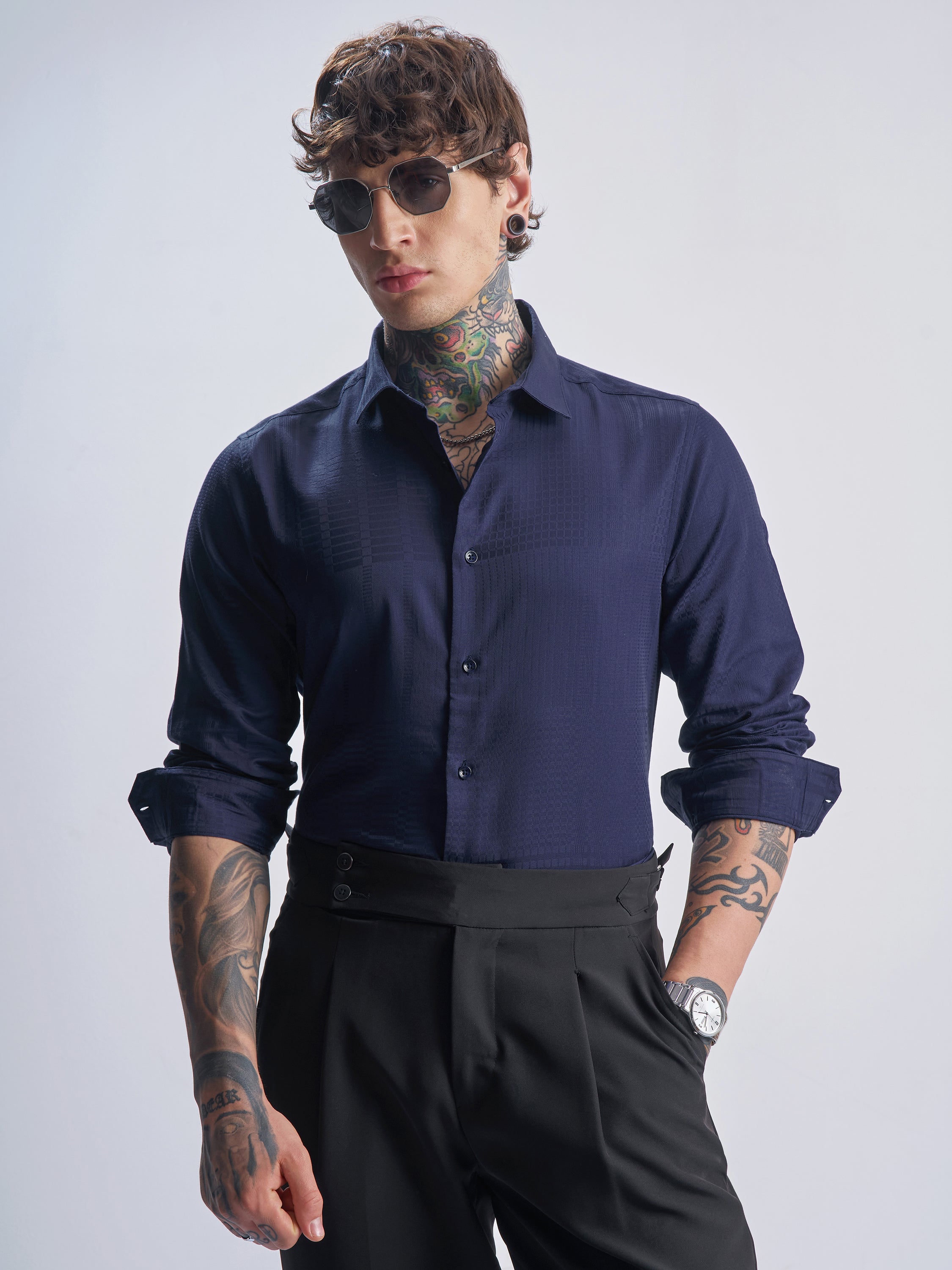 Highlander Men Navy Blue Self Design Slim Fit Casual Shirt - Navy Blue - Image 1