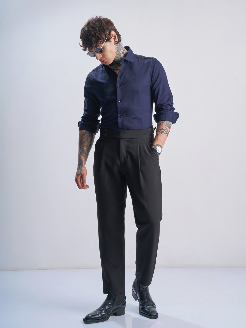 Highlander Men Navy Blue Self Design Slim Fit Casual Shirt - Navy Blue - Image 2