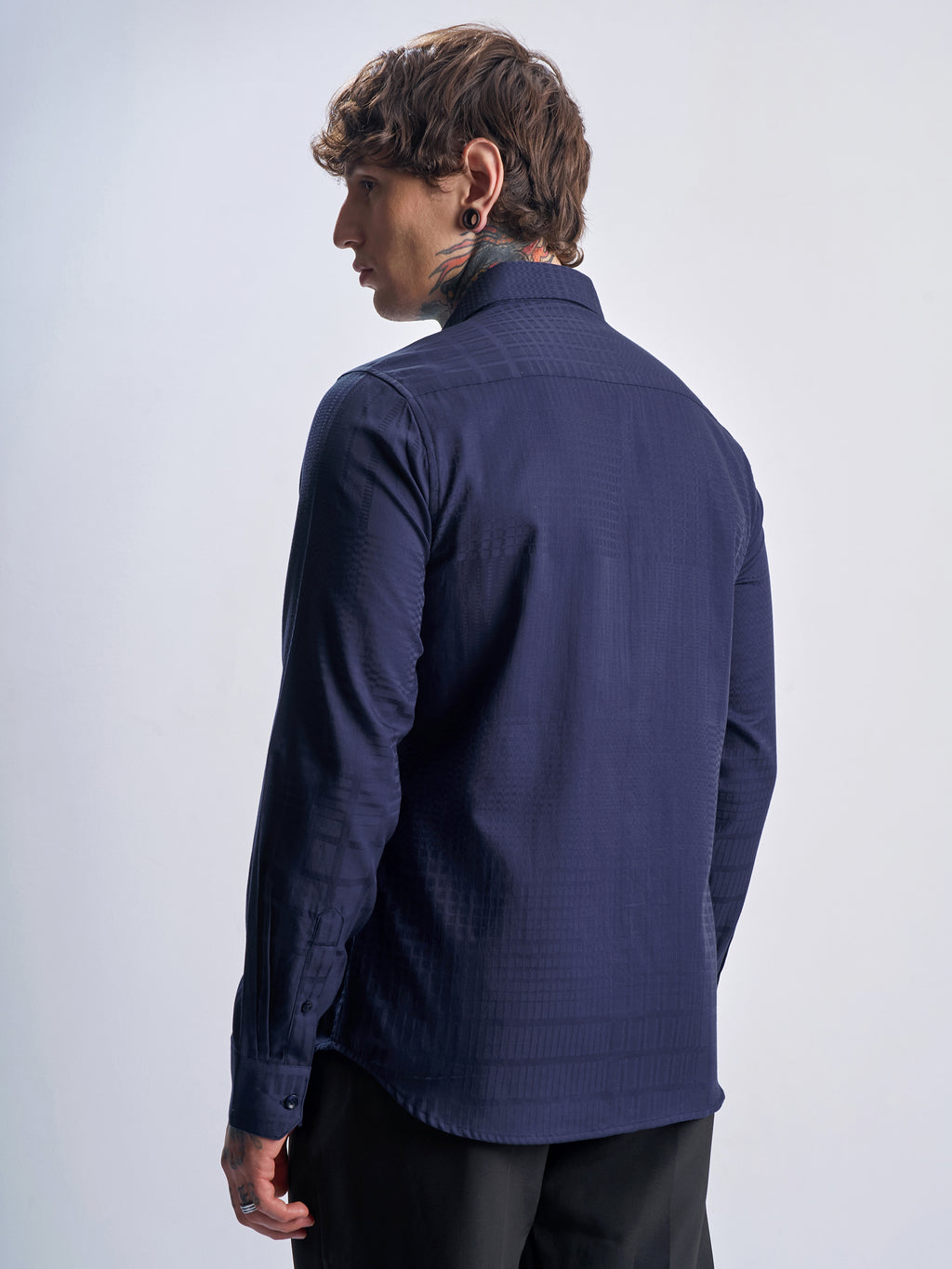 Highlander Men Navy Blue Self Design Slim Fit Casual Shirt - Navy Blue - Image 3