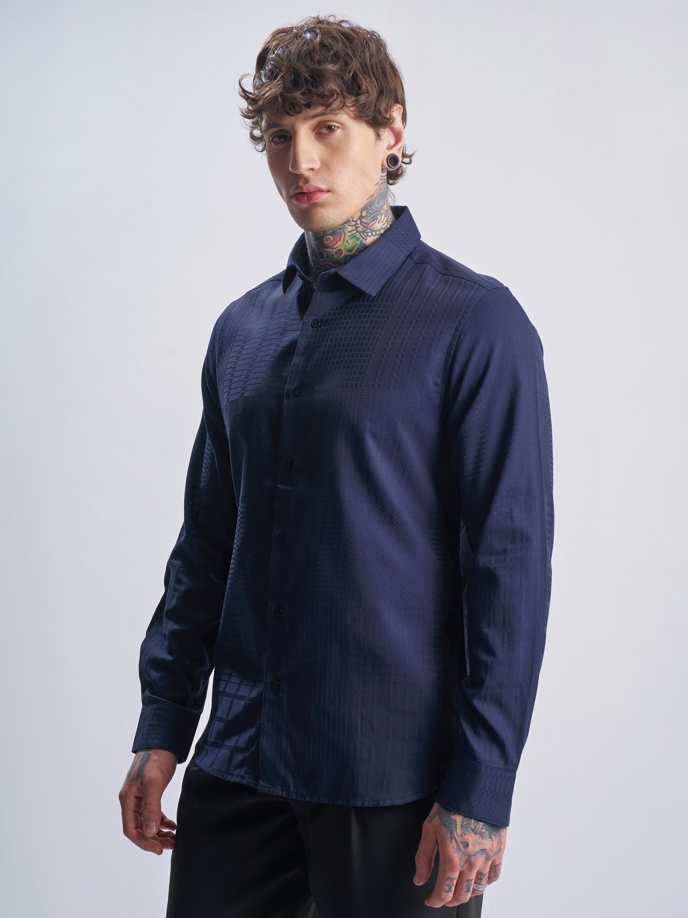 Highlander Men Navy Blue Self Design Slim Fit Casual Shirt - Navy Blue - Image 4