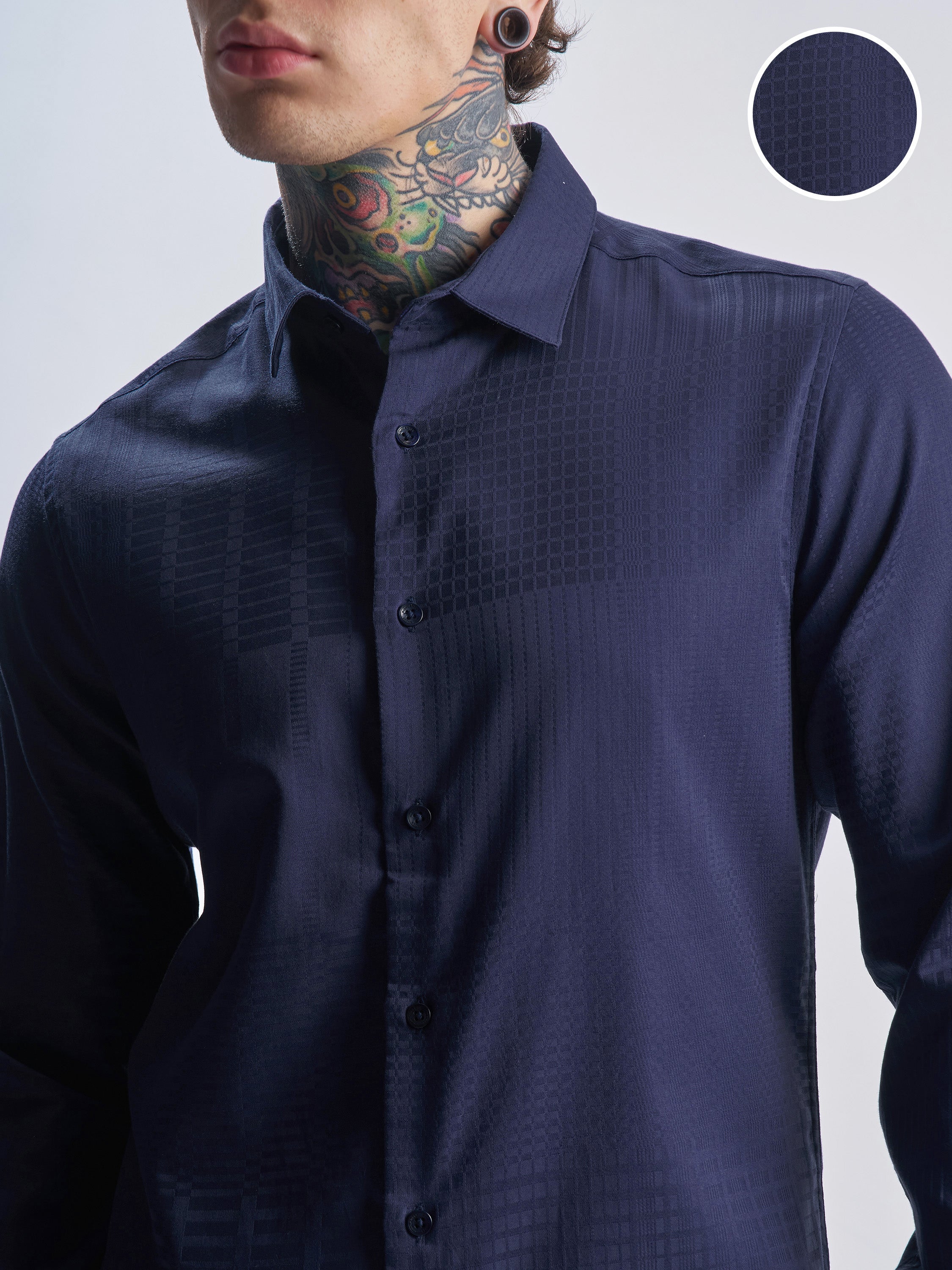 Highlander Men Navy Blue Self Design Slim Fit Casual Shirt - Navy Blue - Image 5