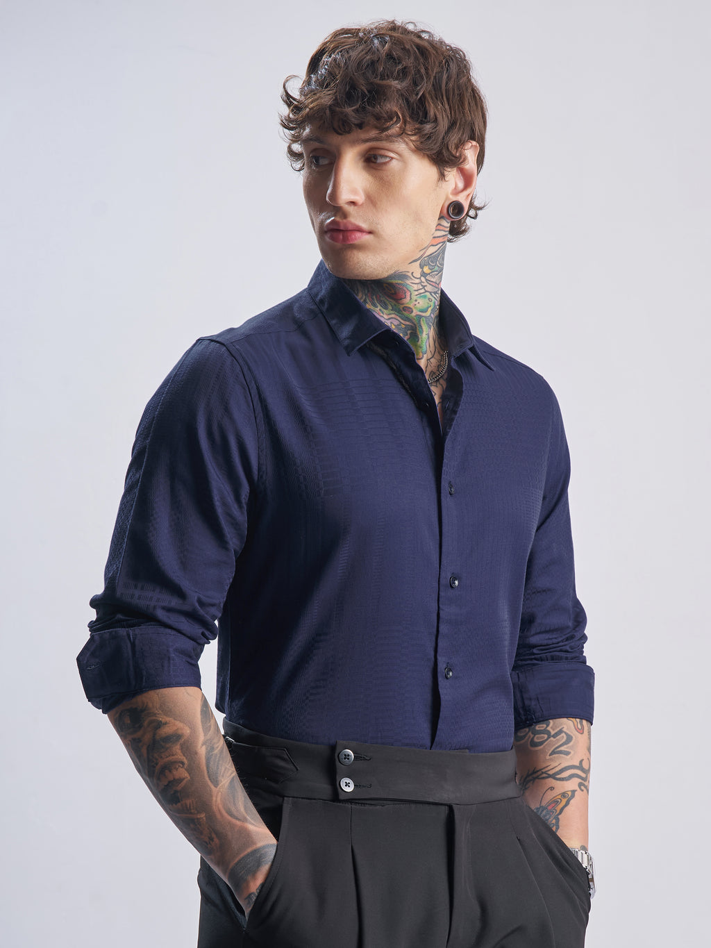 Highlander Men Navy Blue Self Design Slim Fit Casual Shirt - Navy Blue - Image 6