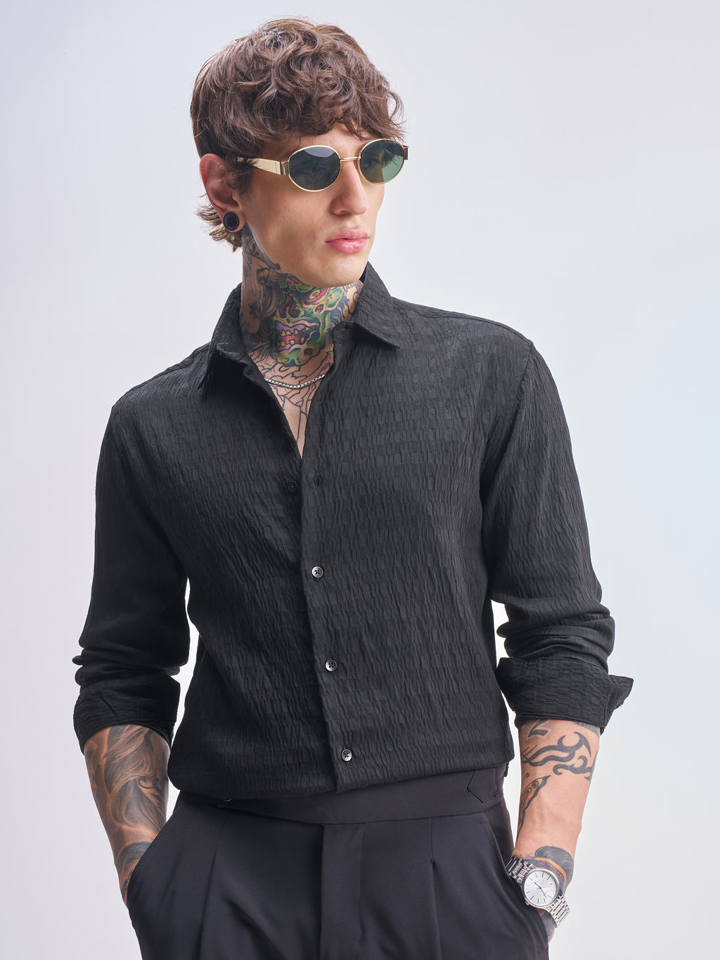 Highlander Men Black Self Design Slim Fit Casual Shirt - Black - Image 1