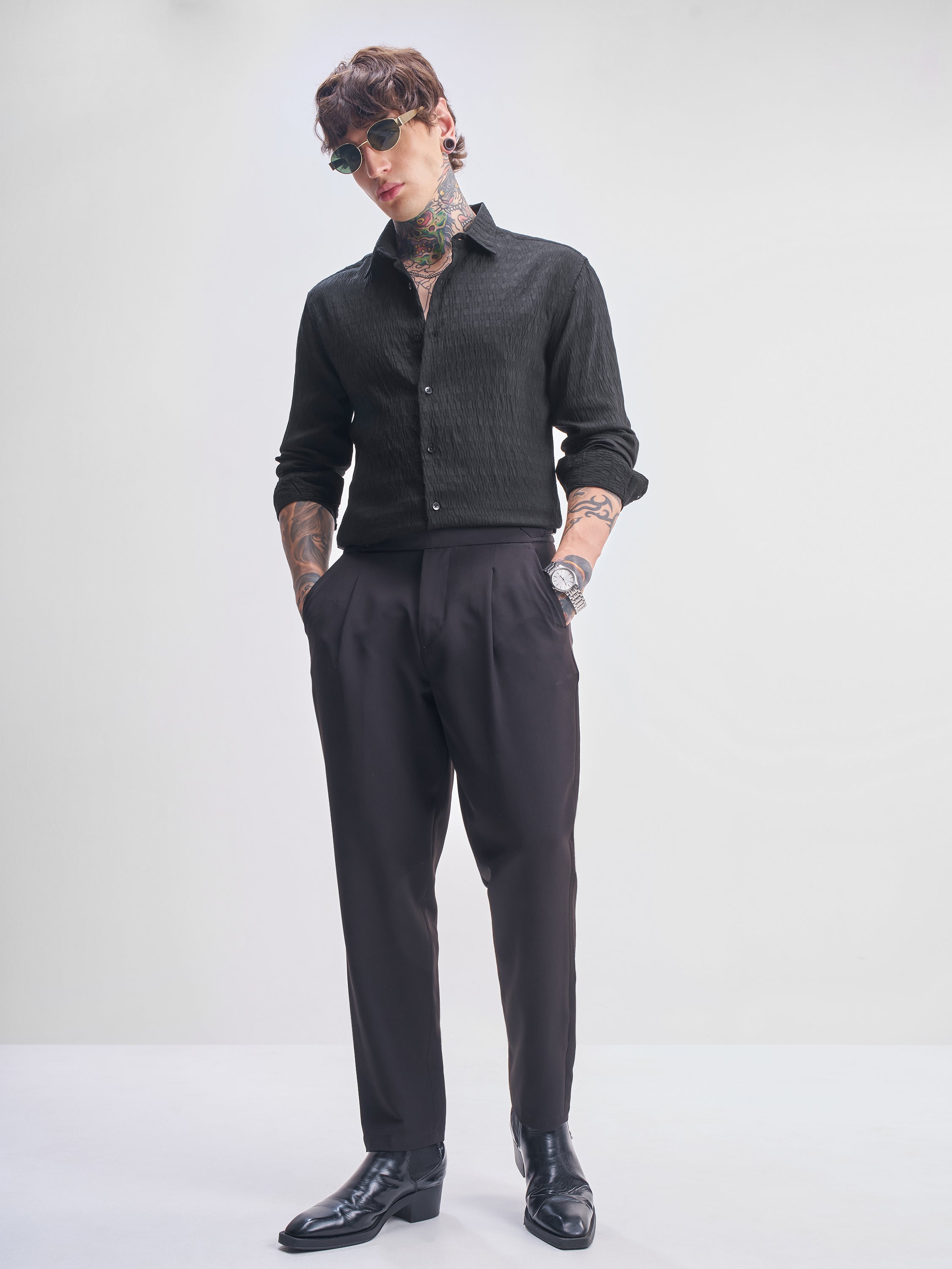 Highlander Men Black Self Design Slim Fit Casual Shirt - Black - Image 2