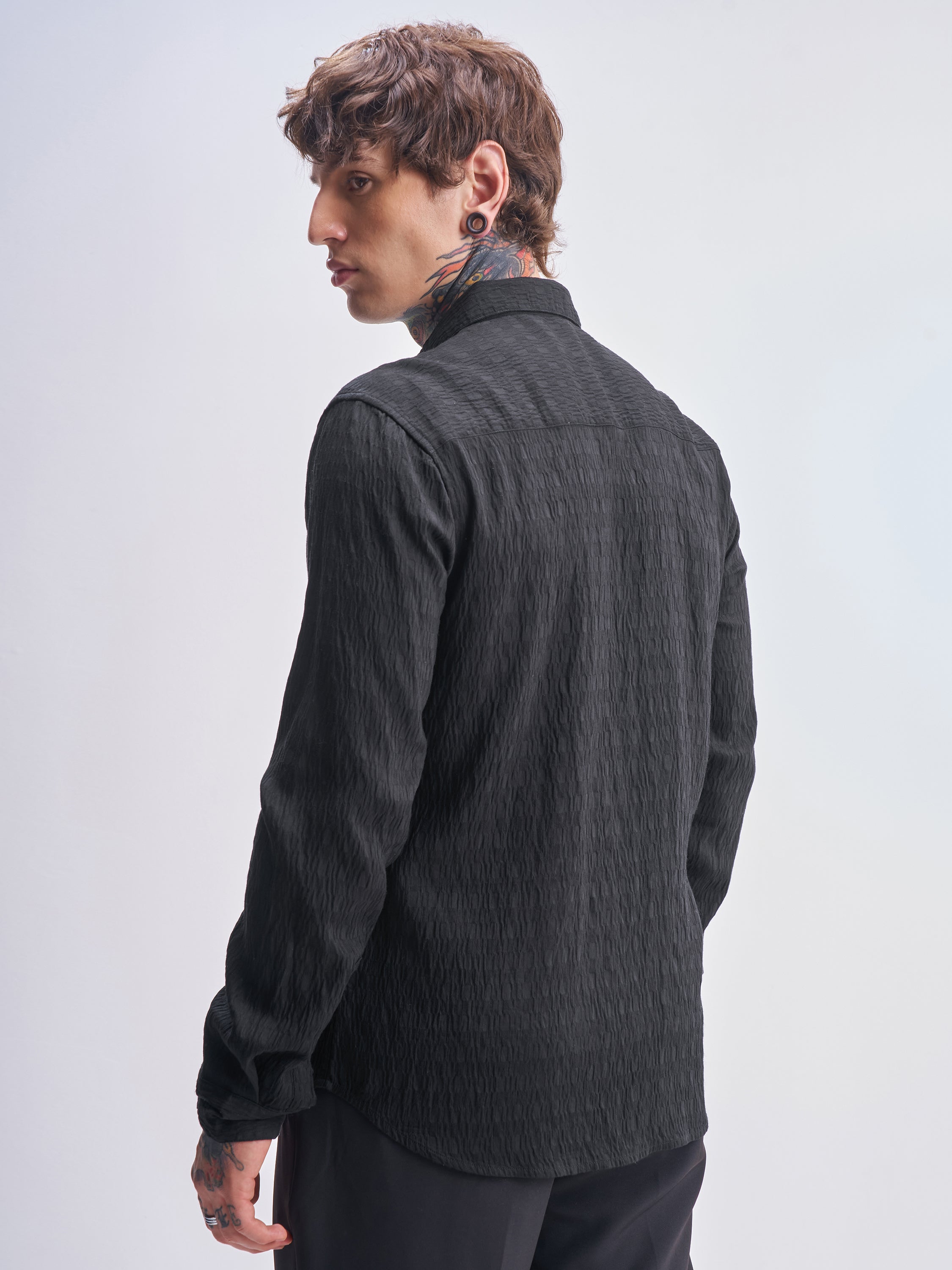 Highlander Men Black Self Design Slim Fit Casual Shirt - Black - Image 3
