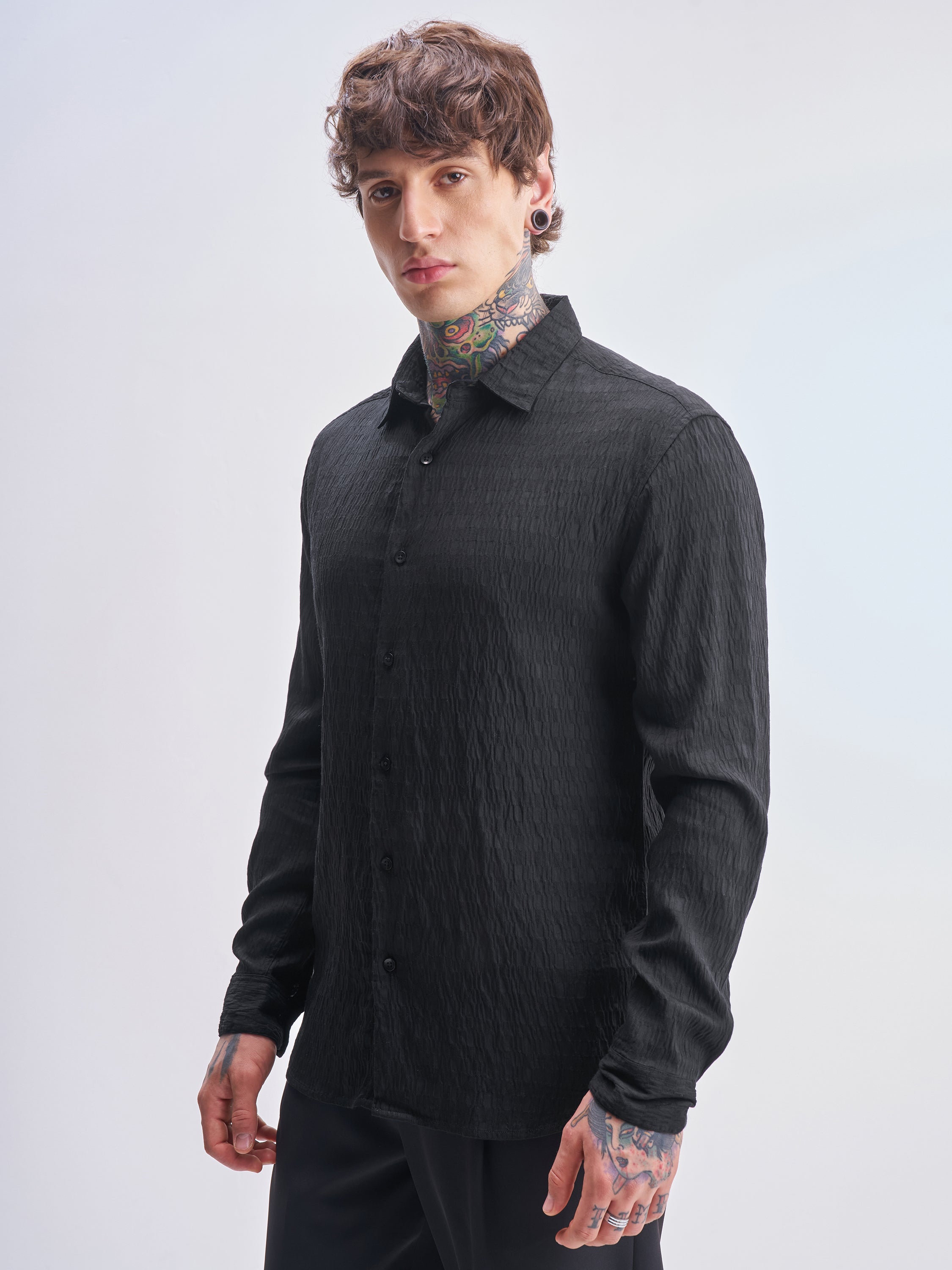 Highlander Men Black Self Design Slim Fit Casual Shirt - Black - Image 4