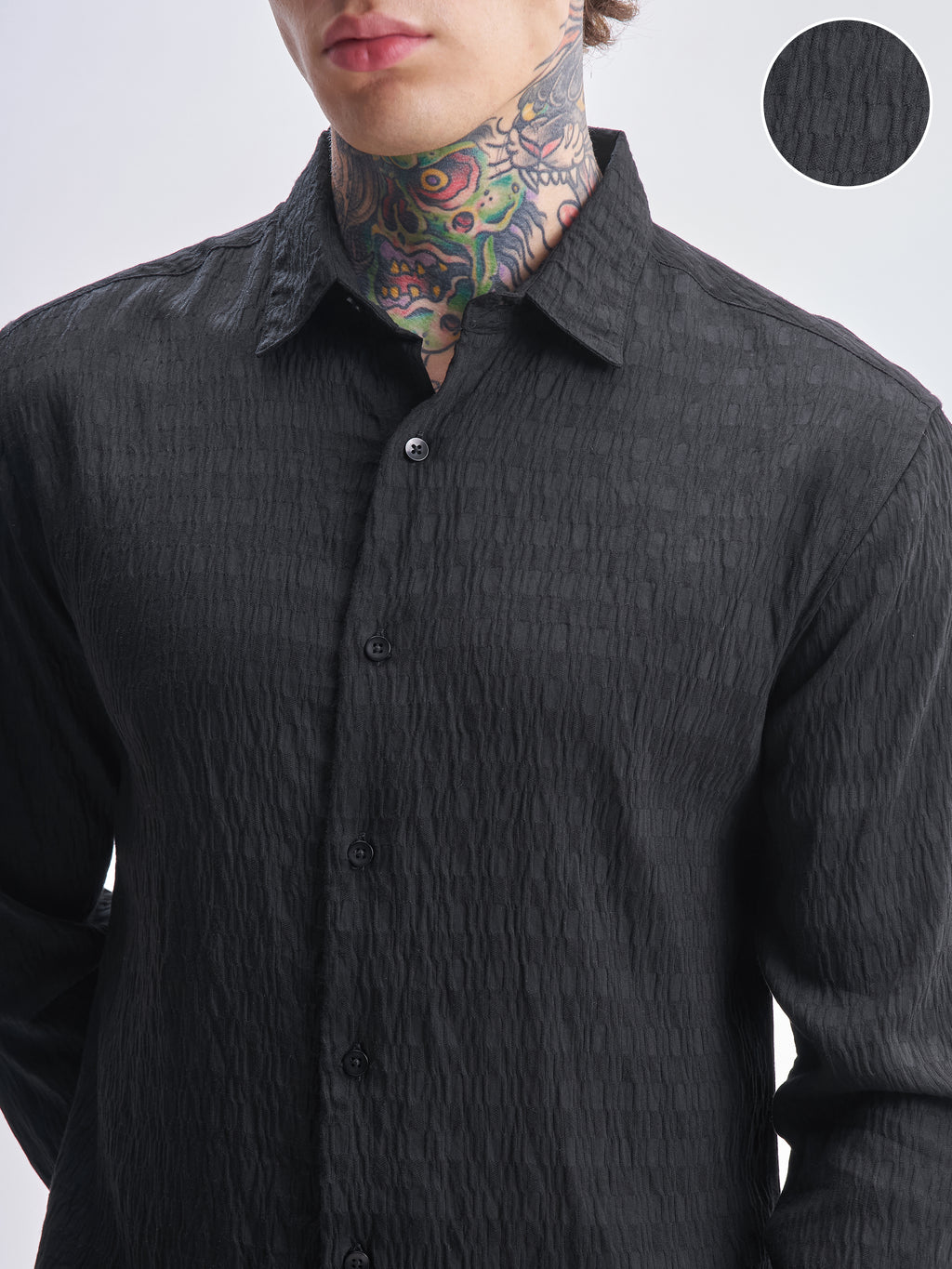 Highlander Men Black Self Design Slim Fit Casual Shirt - Black - Image 5