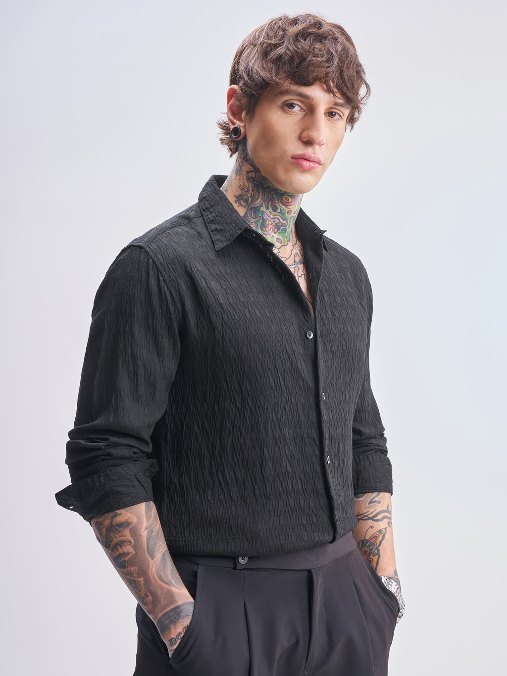 Highlander Men Black Self Design Slim Fit Casual Shirt - Black - Image 6