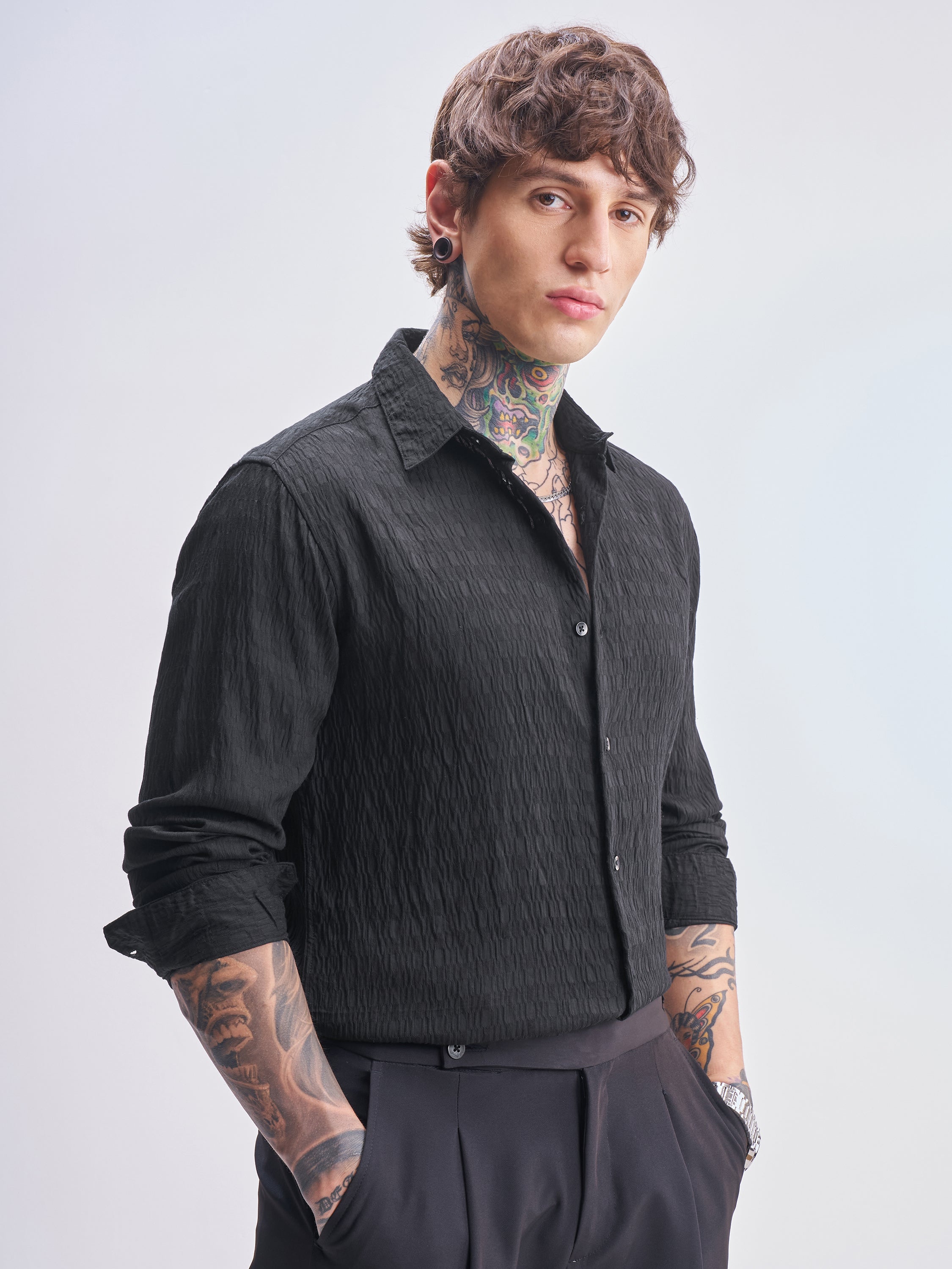 Highlander Men Black Self Design Slim Fit Casual Shirt - Black - Image 6