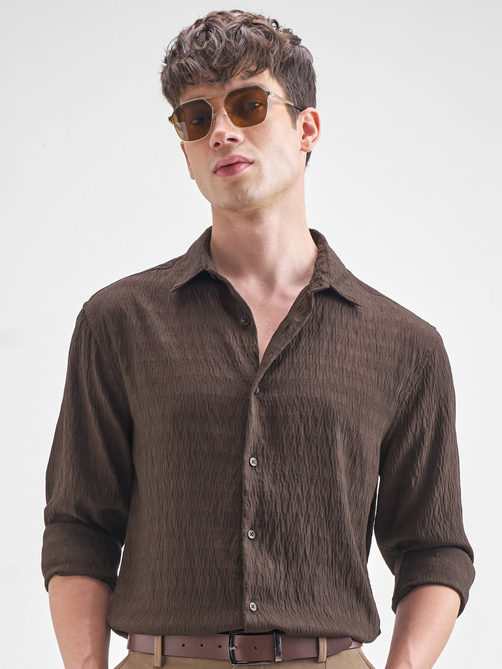 Highlander Men Brown Self Design Slim Fit Casual Shirt - Brown - Image 1
