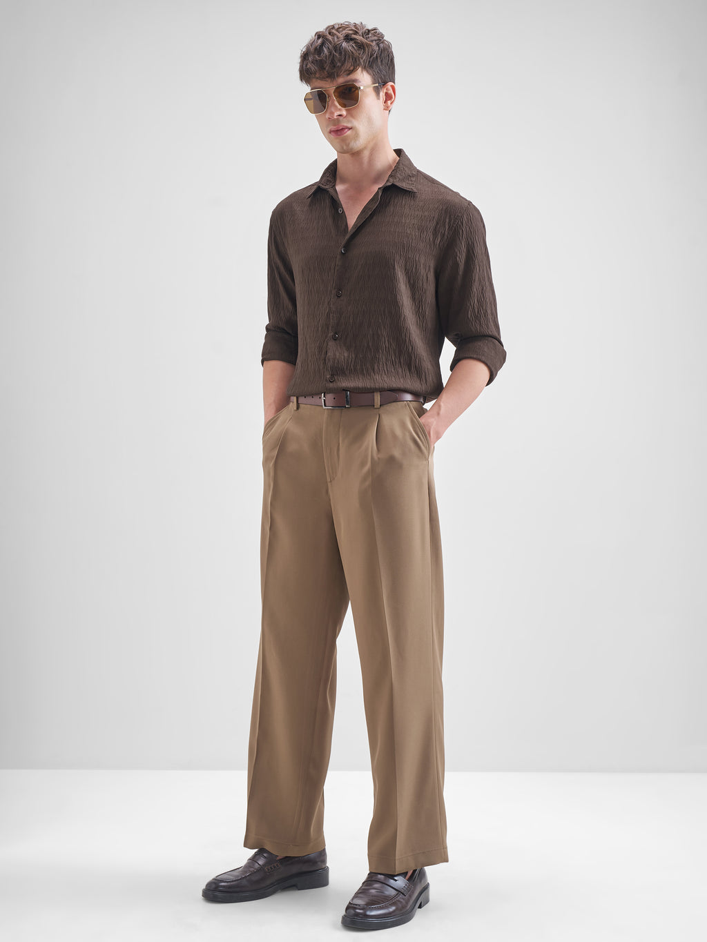Highlander Men Brown Self Design Slim Fit Casual Shirt - Brown - Image 2