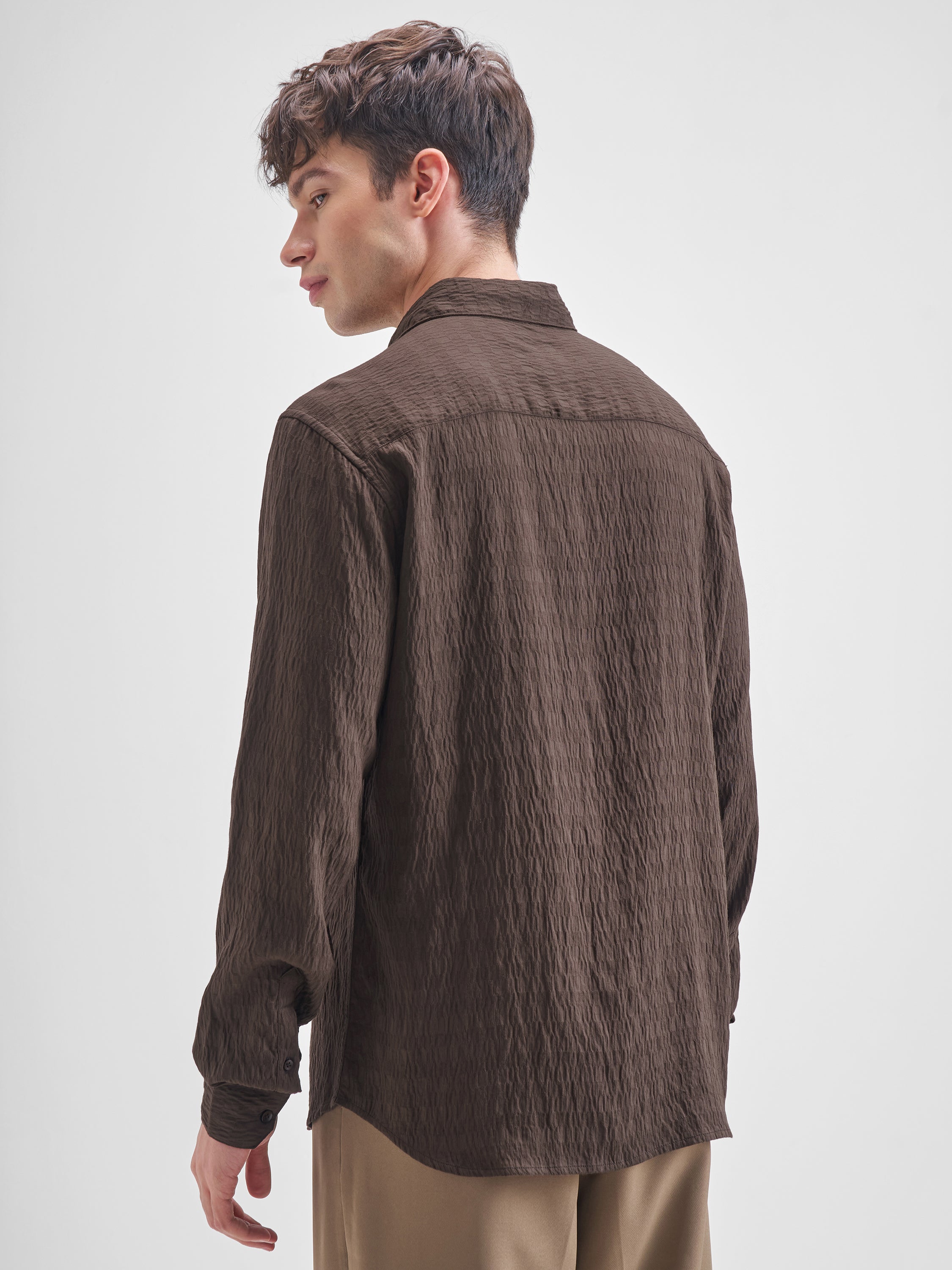 Highlander Men Brown Self Design Slim Fit Casual Shirt - Brown - Image 3