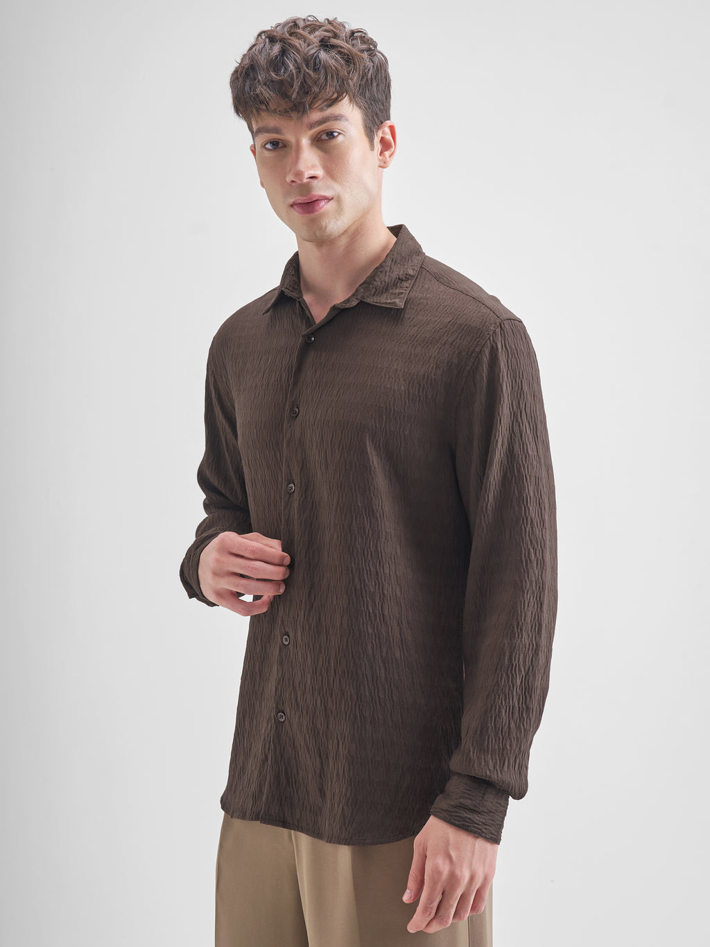 Highlander Men Brown Self Design Slim Fit Casual Shirt - Brown - Image 4