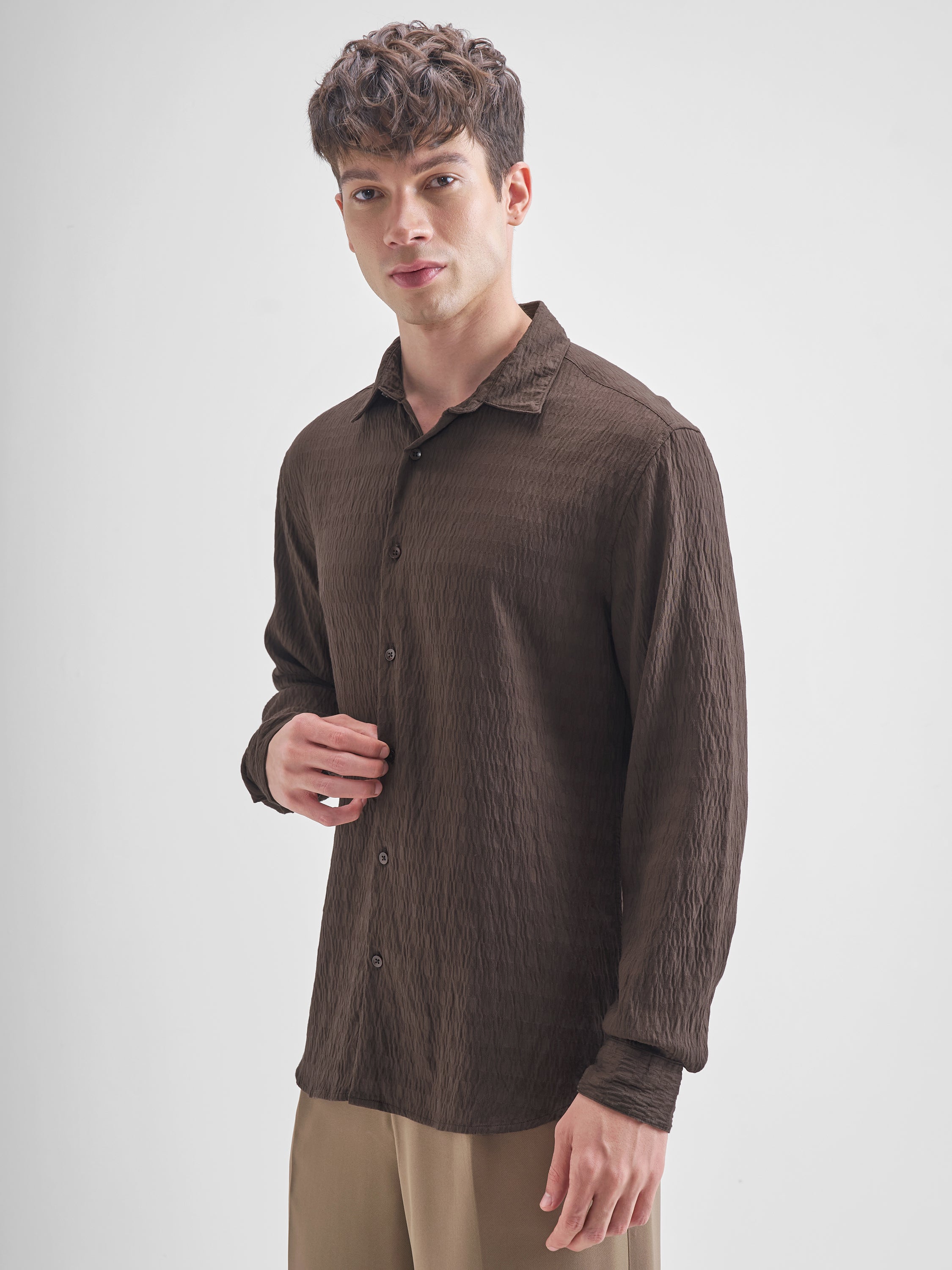 Highlander Men Brown Self Design Slim Fit Casual Shirt - Brown - Image 4