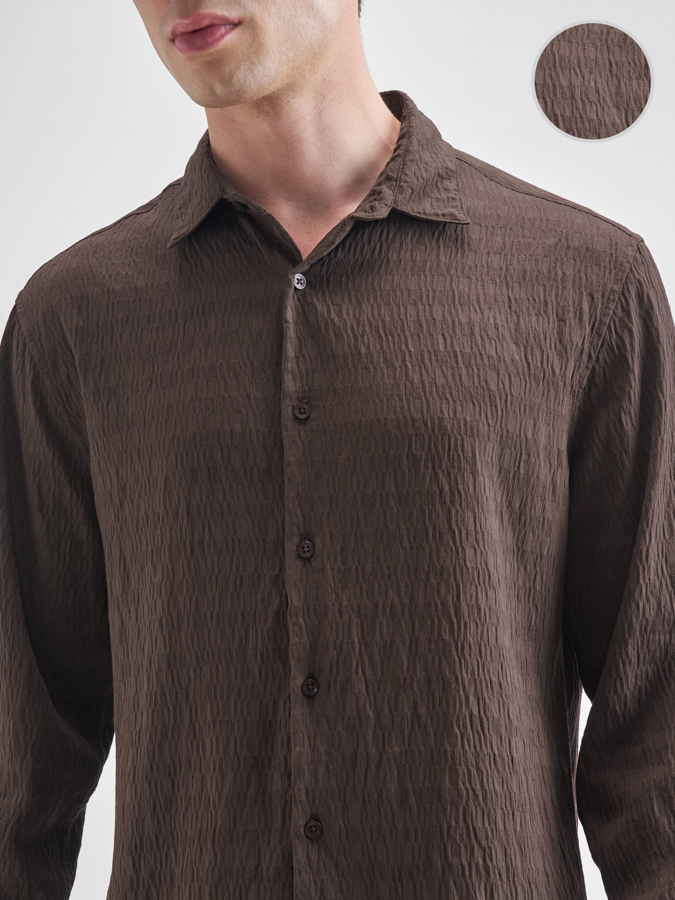 Highlander Men Brown Self Design Slim Fit Casual Shirt - Brown - Image 5