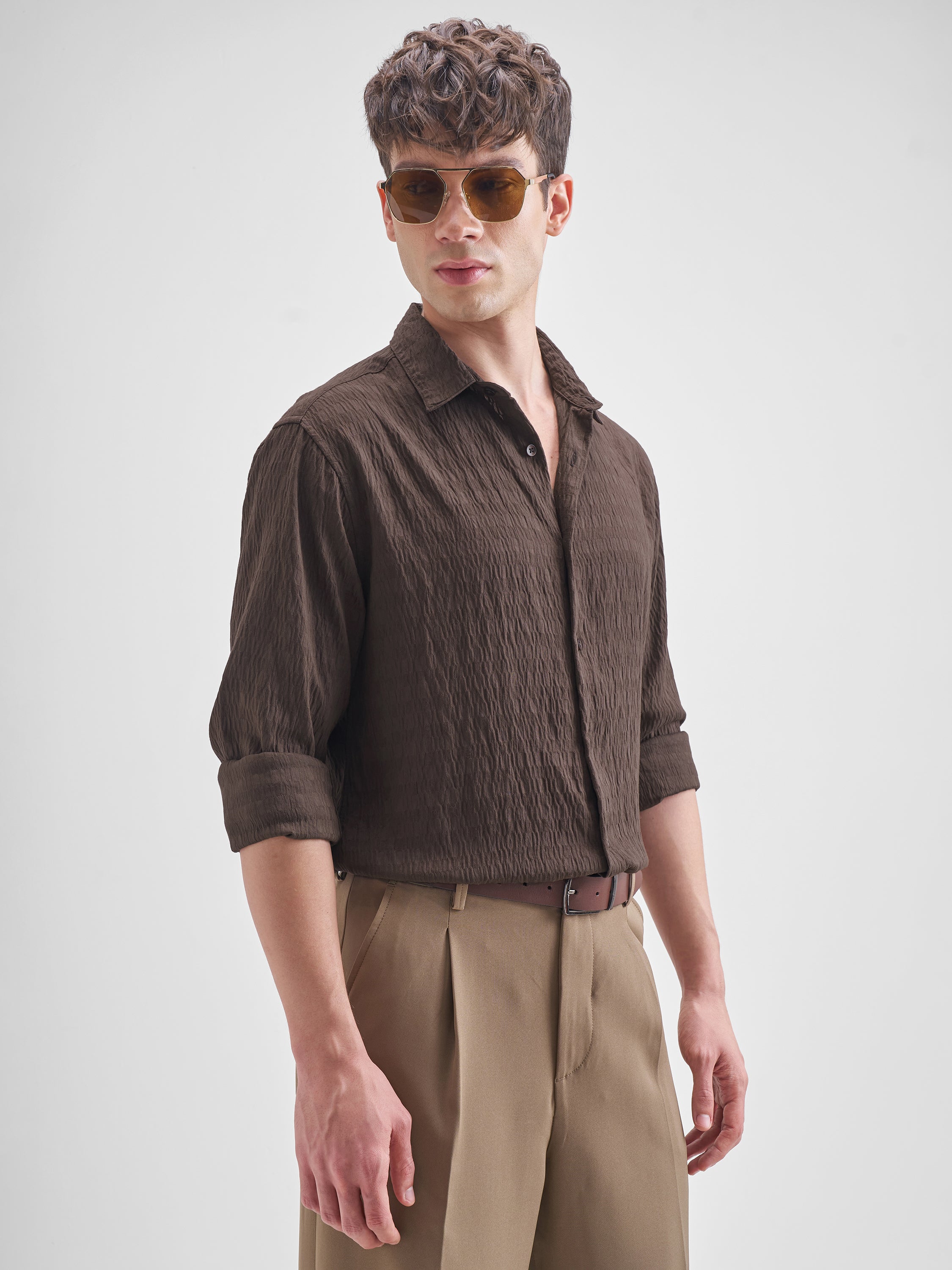 Highlander Men Brown Self Design Slim Fit Casual Shirt - Brown - Image 6