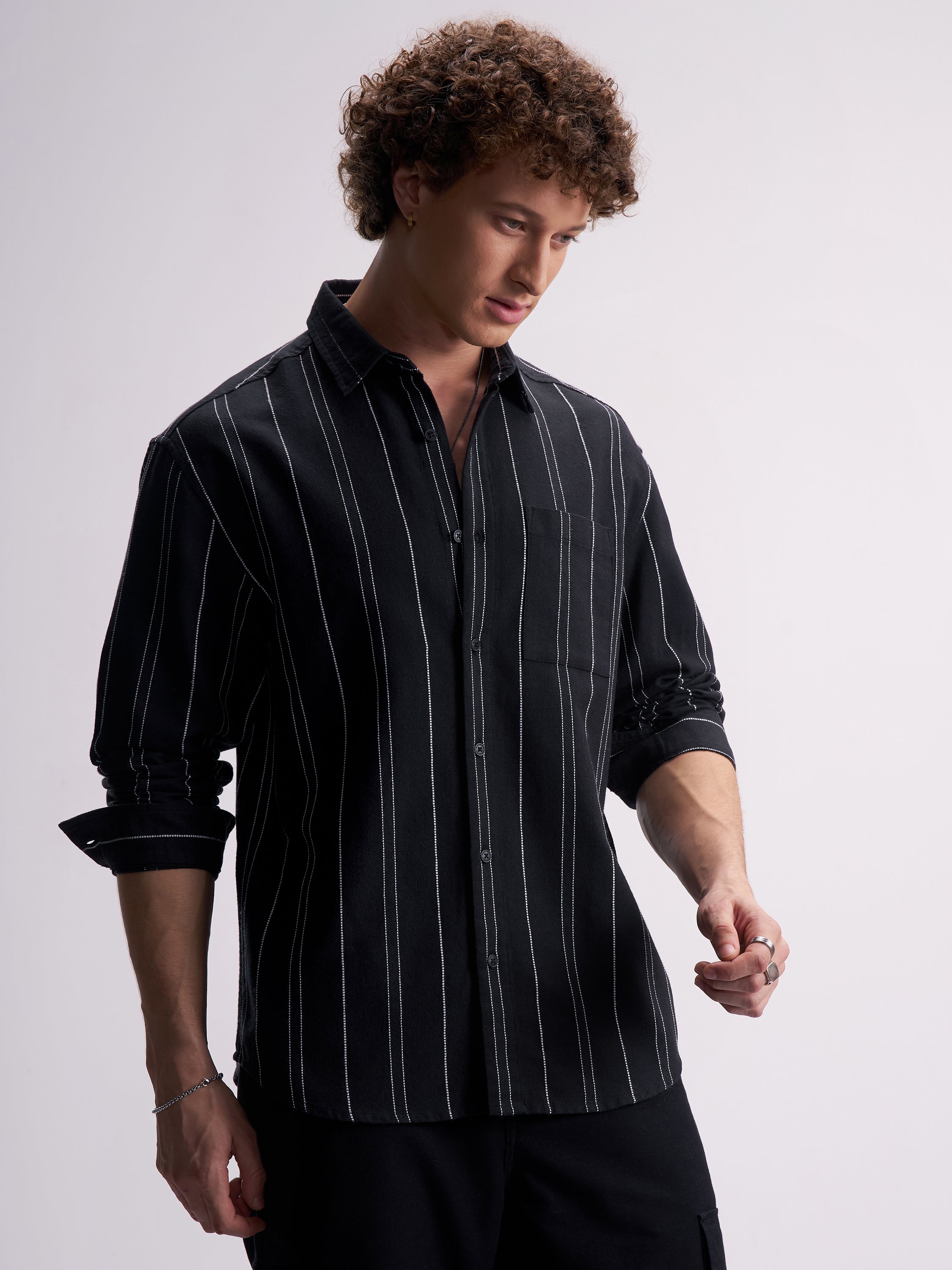 Highlander Men Black Striped Relaxed Fit Casual Shirt - Black - Image 6