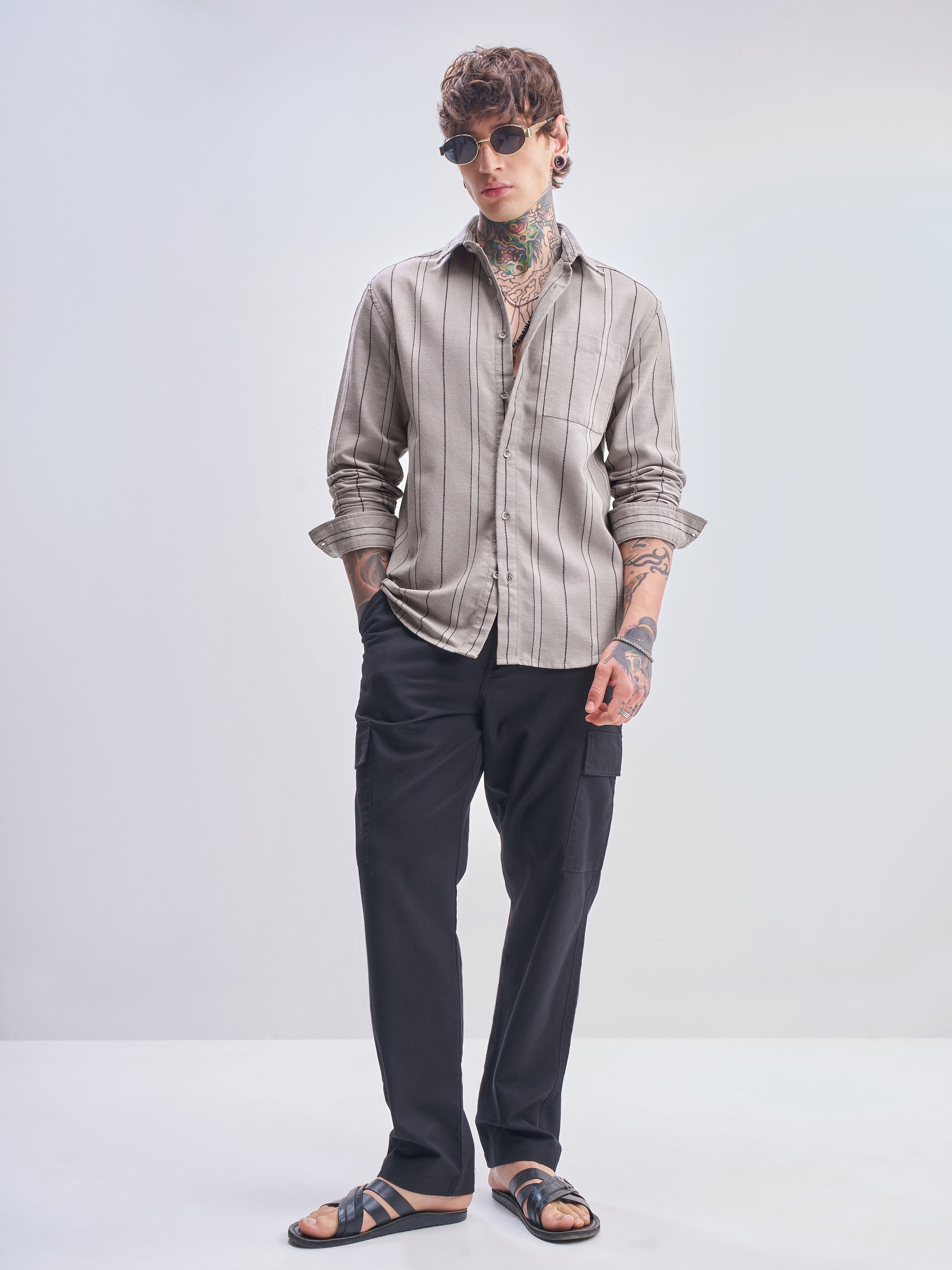 Highlander Men Tan Striped Relaxed Fit Casual Shirt - Tan - Image 2