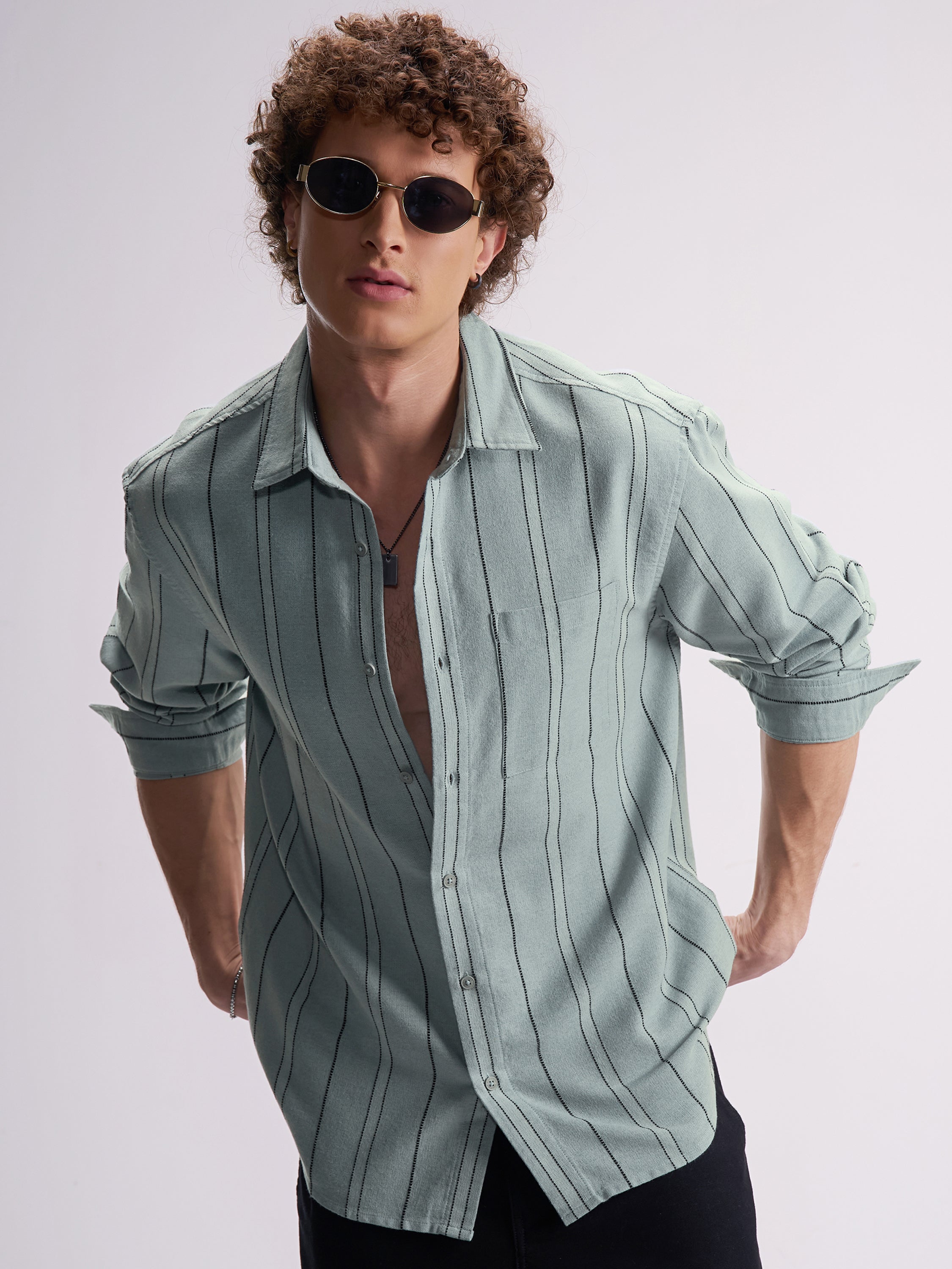 Highlander Men Green Striped Relaxed Fit Casual Shirt - Green - Image 1