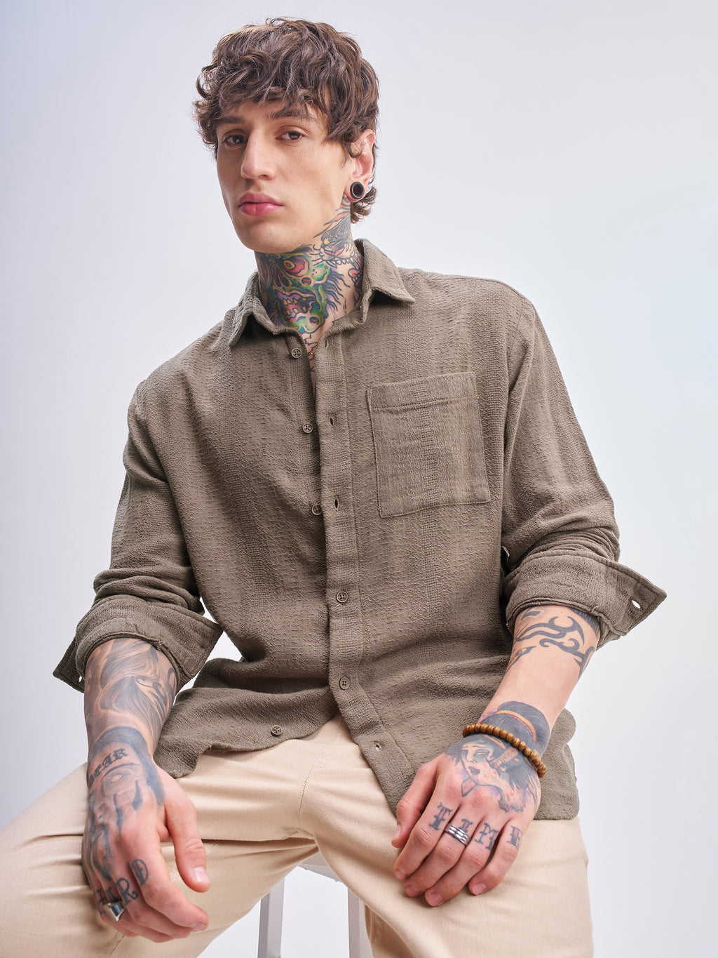 Highlander Men Tan Self Design Relaxed Fit Casual Shirt - Tan - Image 1