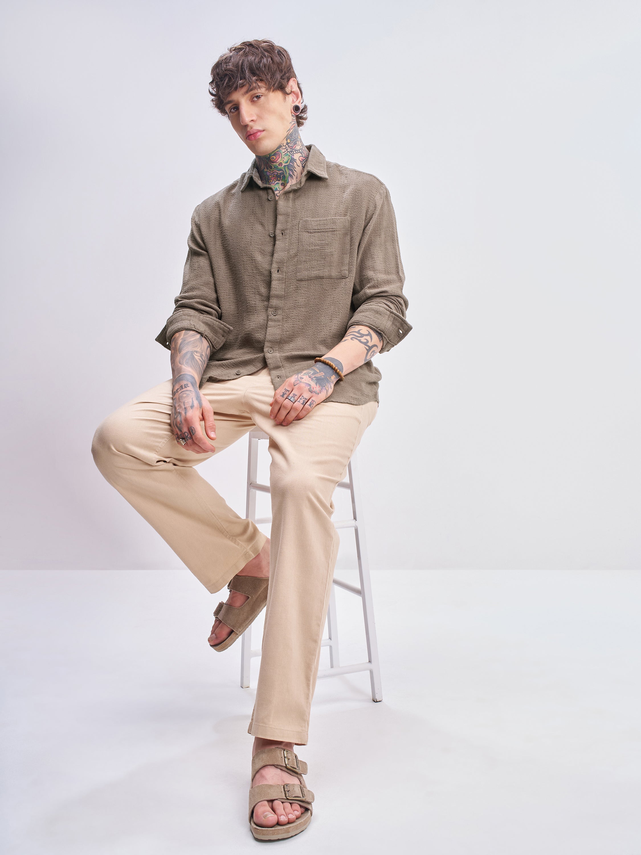 Highlander Men Tan Self Design Relaxed Fit Casual Shirt - Tan - Image 2