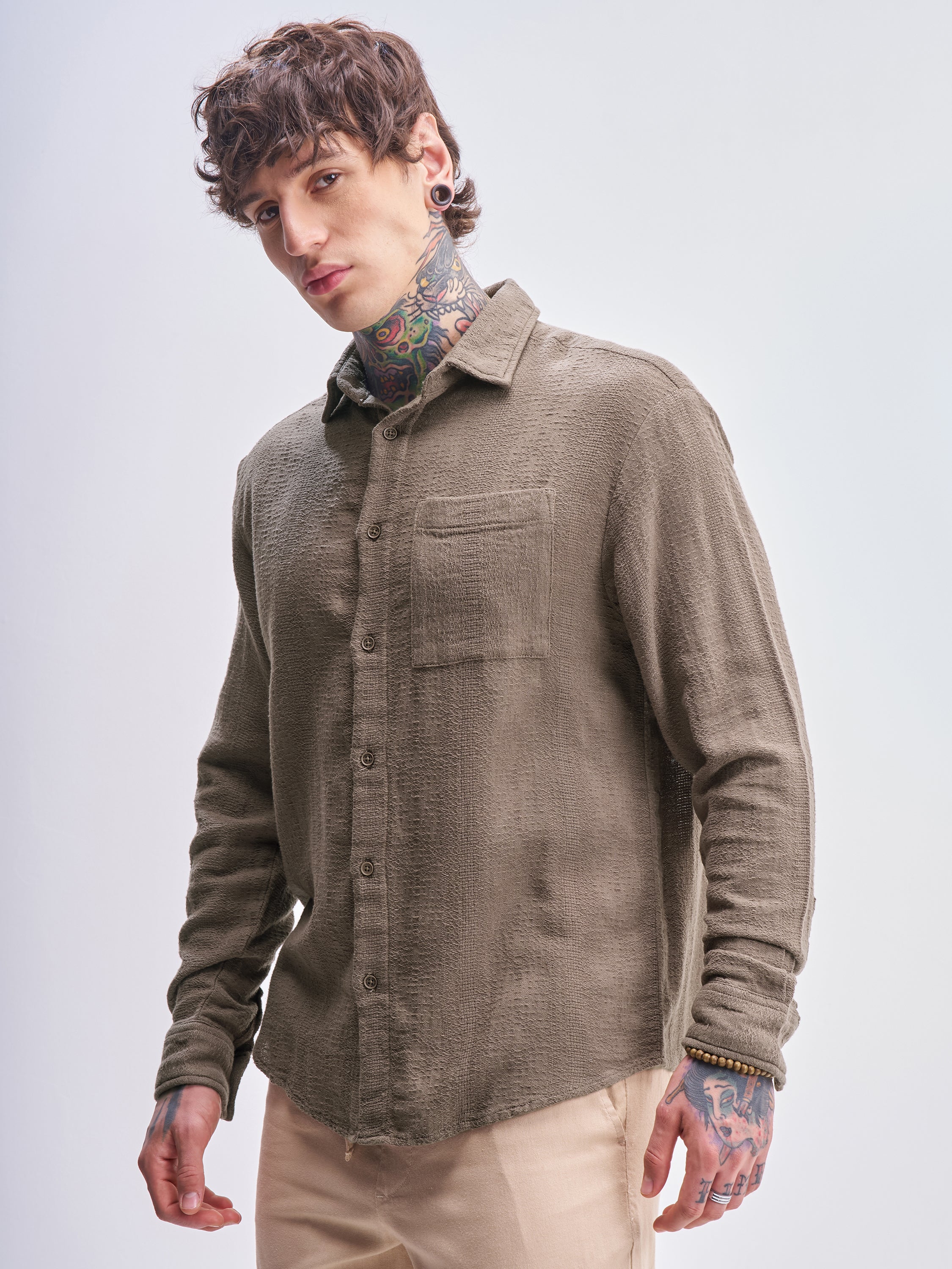 Highlander Men Tan Self Design Relaxed Fit Casual Shirt - Tan - Image 4