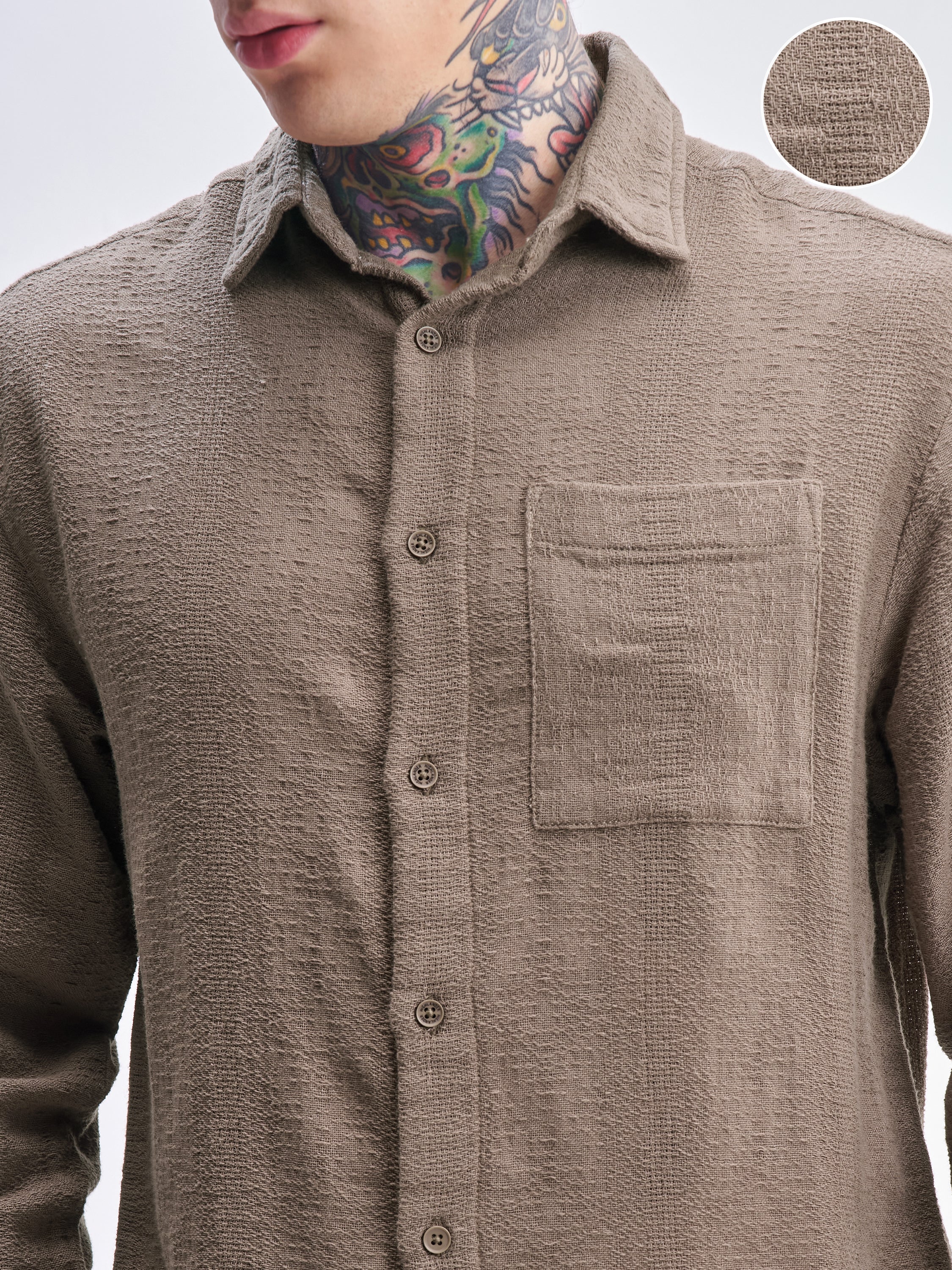 Highlander Men Tan Self Design Relaxed Fit Casual Shirt - Tan - Image 5