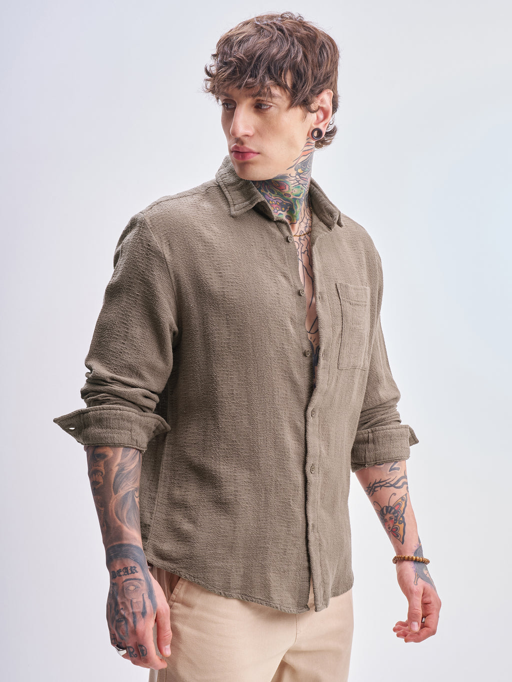 Highlander Men Tan Self Design Relaxed Fit Casual Shirt - Tan - Image 6