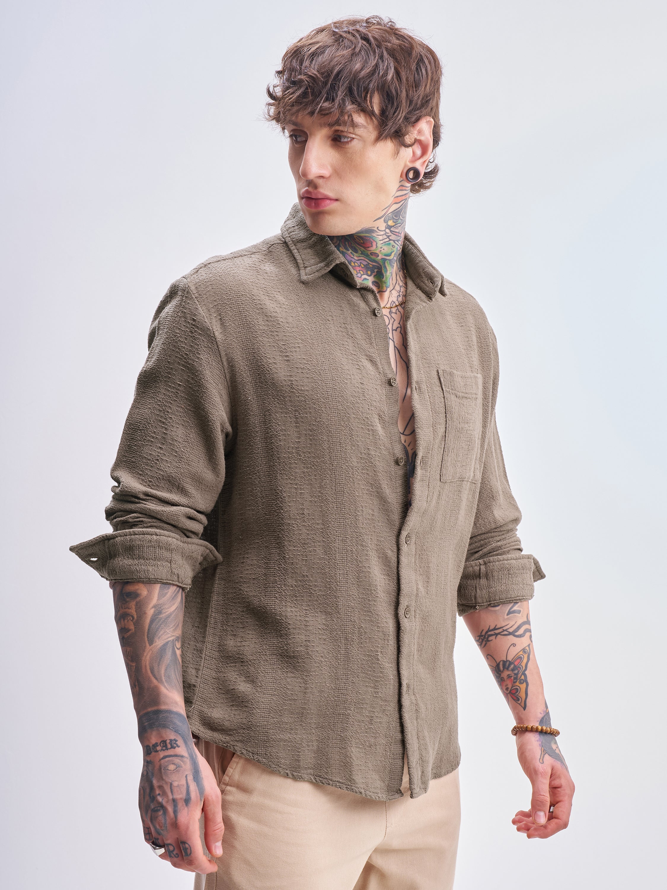 Highlander Men Tan Self Design Relaxed Fit Casual Shirt - Tan - Image 6