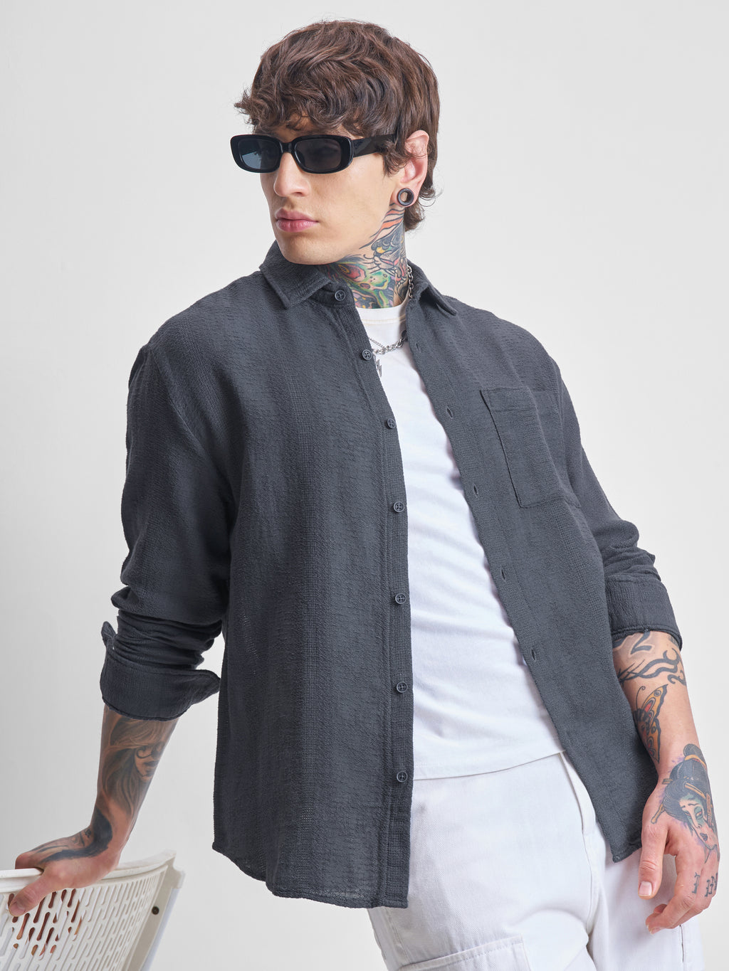 Highlander Men Grey Self Design Oversized Fit Casual Shirt - Grey - Image 1