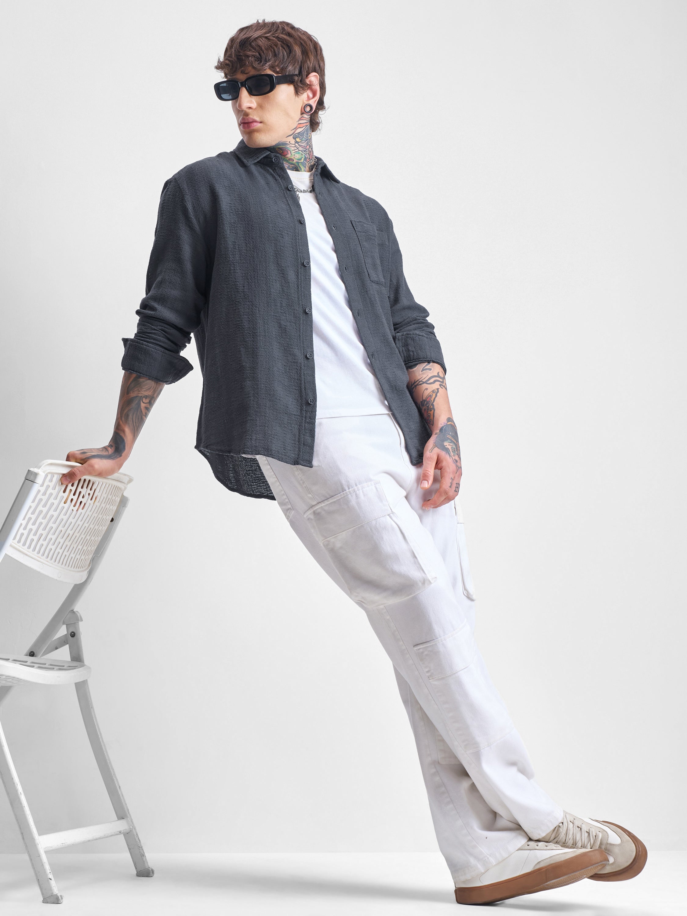 Highlander Men Grey Self Design Oversized Fit Casual Shirt - Grey - Image 2