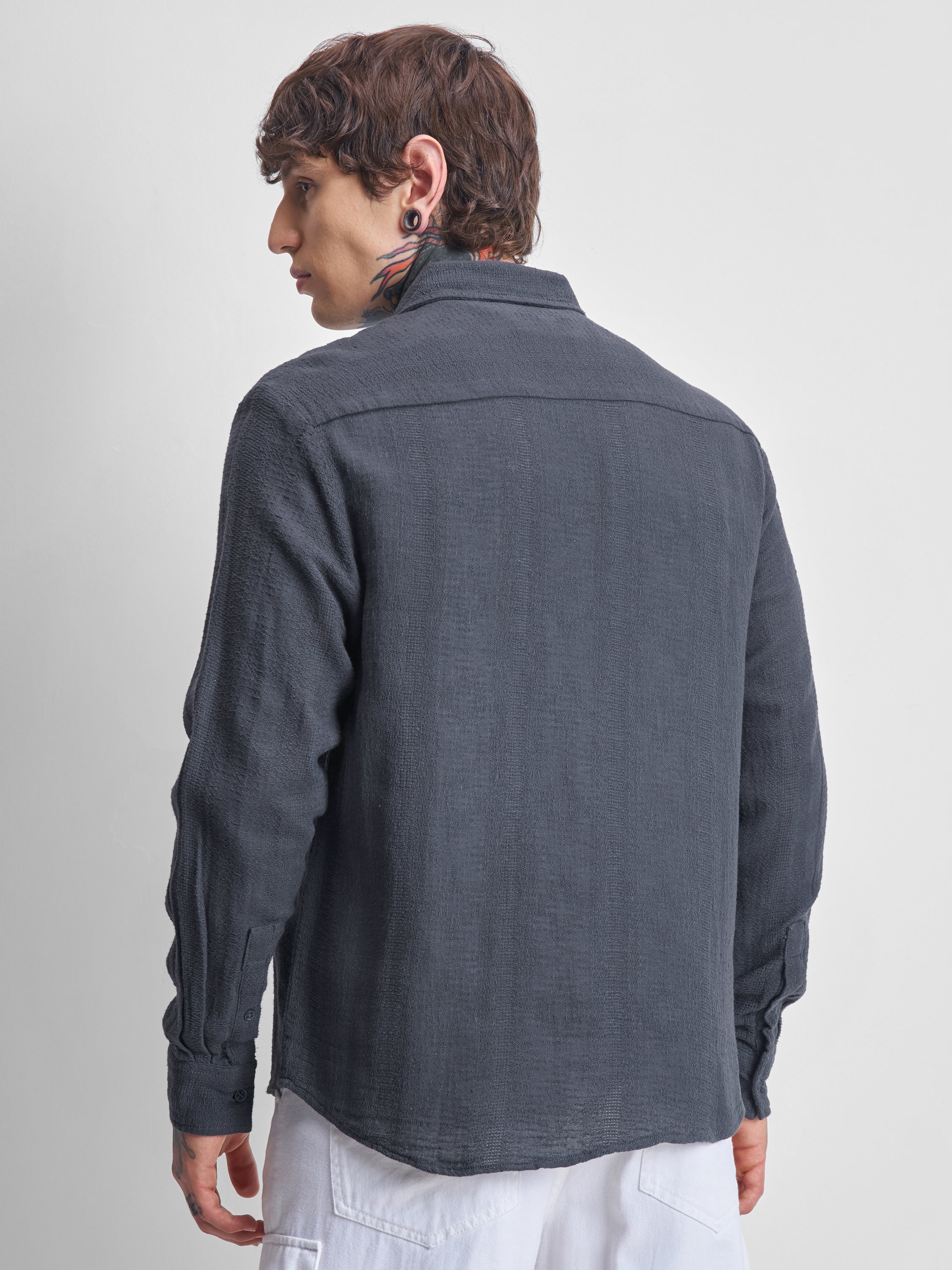 Highlander Men Grey Self Design Oversized Fit Casual Shirt - Grey - Image 3
