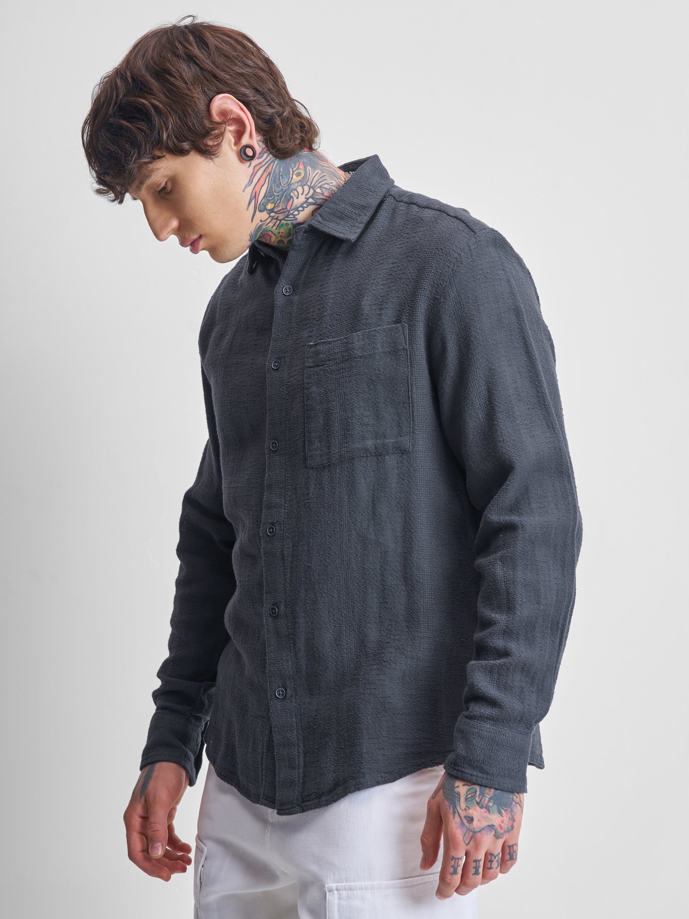 Highlander Men Grey Self Design Oversized Fit Casual Shirt - Grey - Image 4