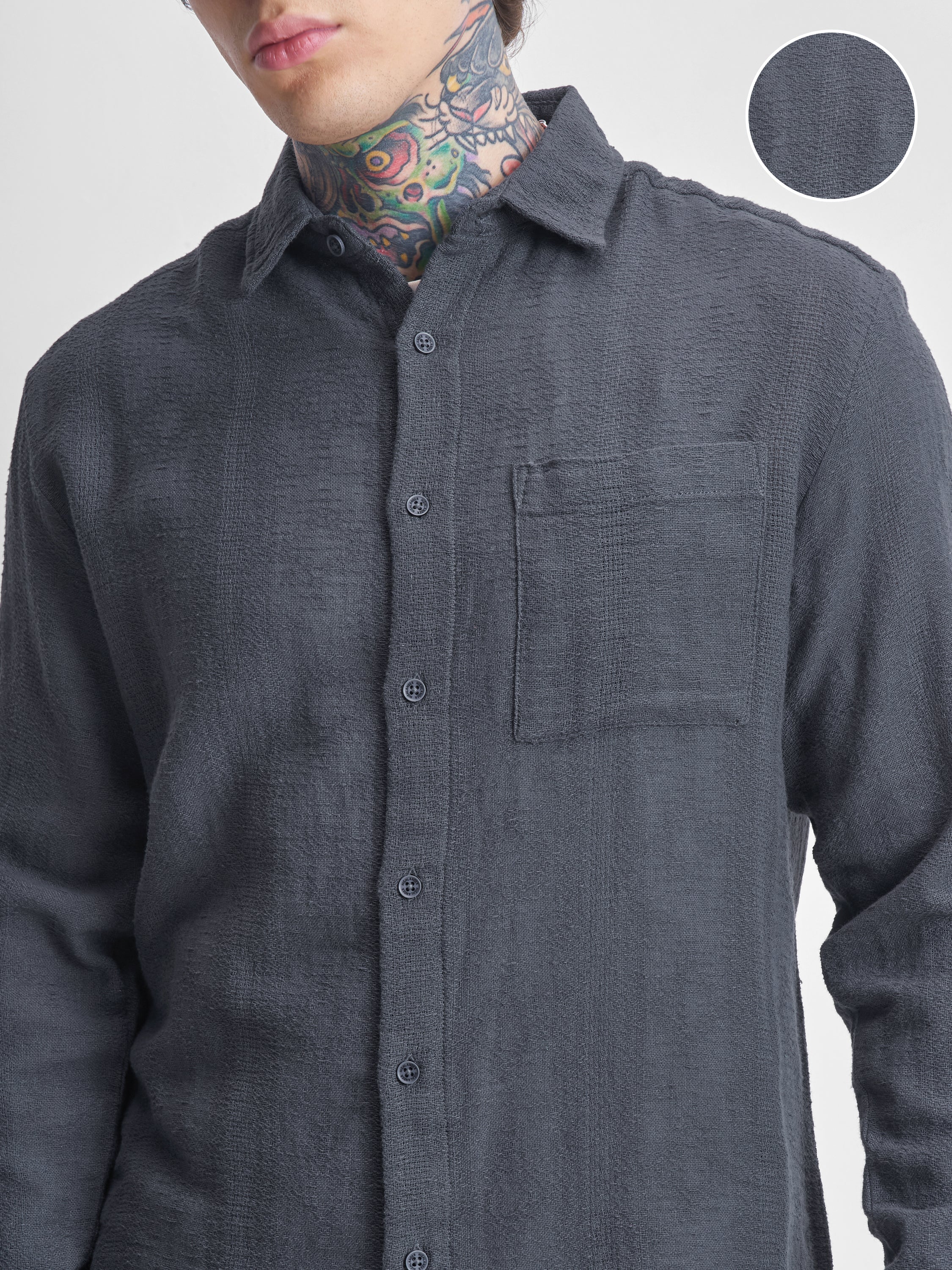 Highlander Men Grey Self Design Oversized Fit Casual Shirt - Grey - Image 5