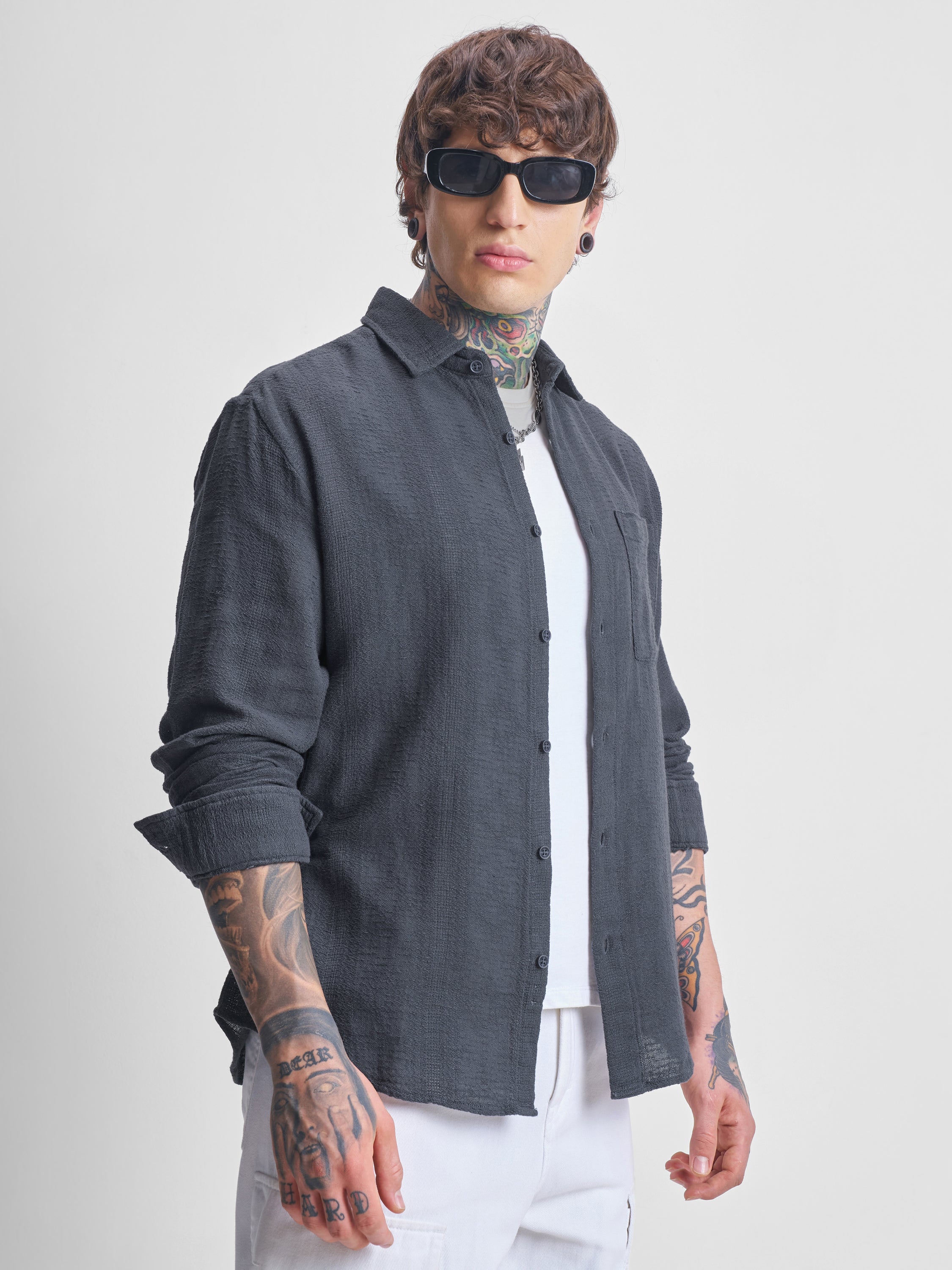 Highlander Men Grey Self Design Oversized Fit Casual Shirt - Grey - Image 6