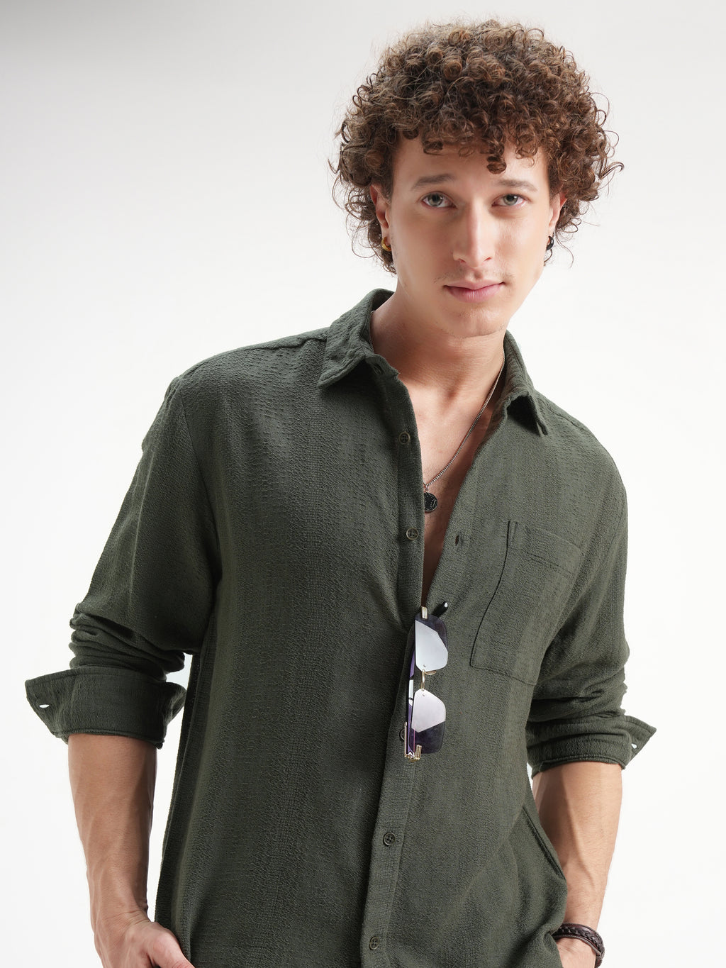 Highlander Men Olive Self Design Relaxed Fit Casual Shirt - Olive - Image 1