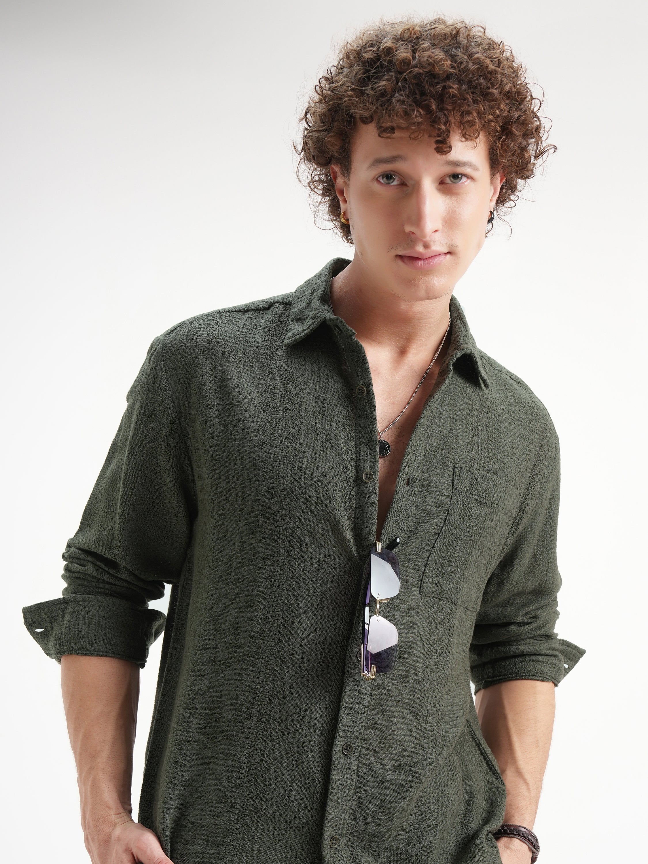 Highlander Men Olive Self Design Relaxed Fit Casual Shirt - Olive - Image 1