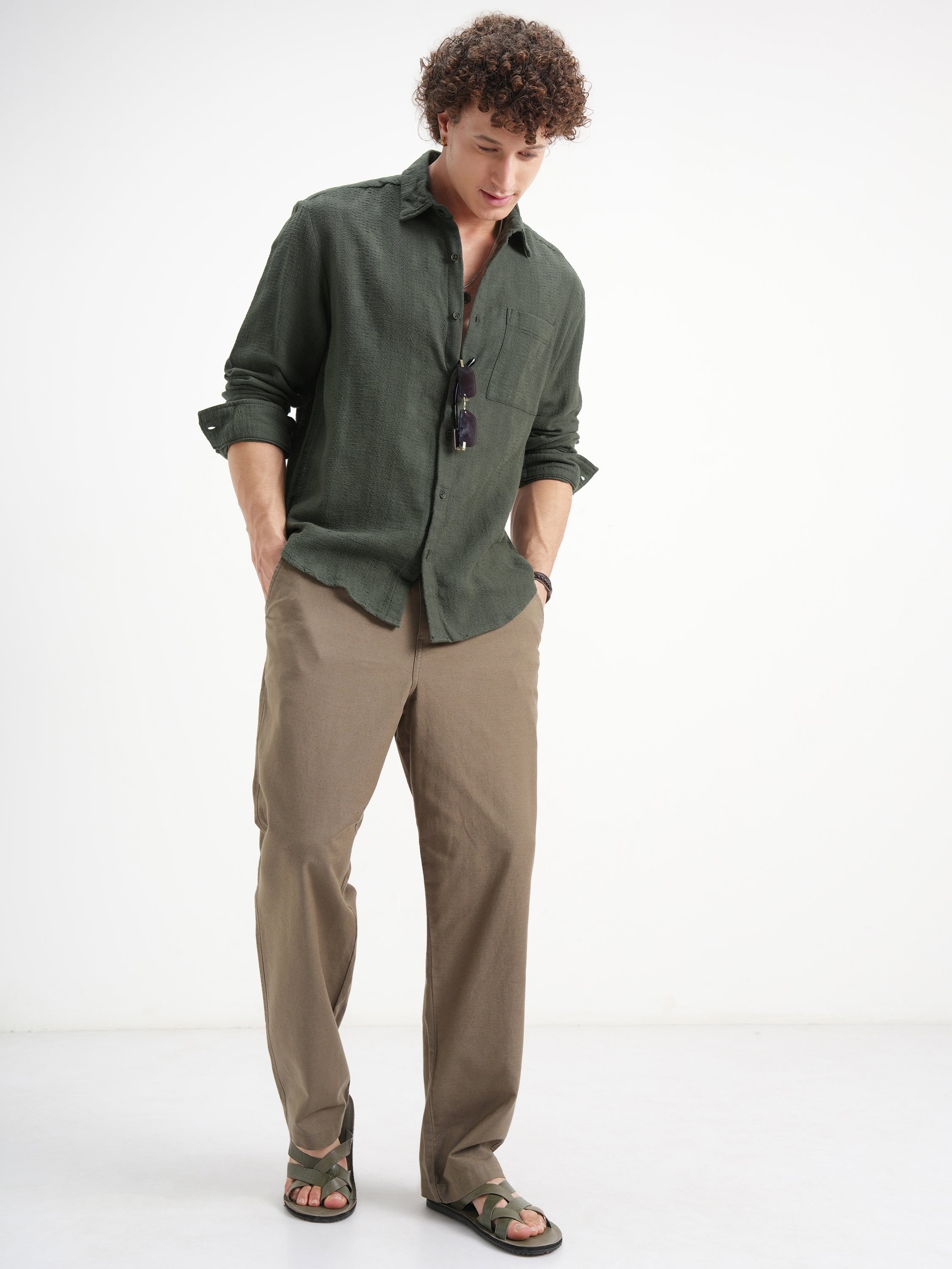 Highlander Men Olive Self Design Relaxed Fit Casual Shirt - Olive - Image 2