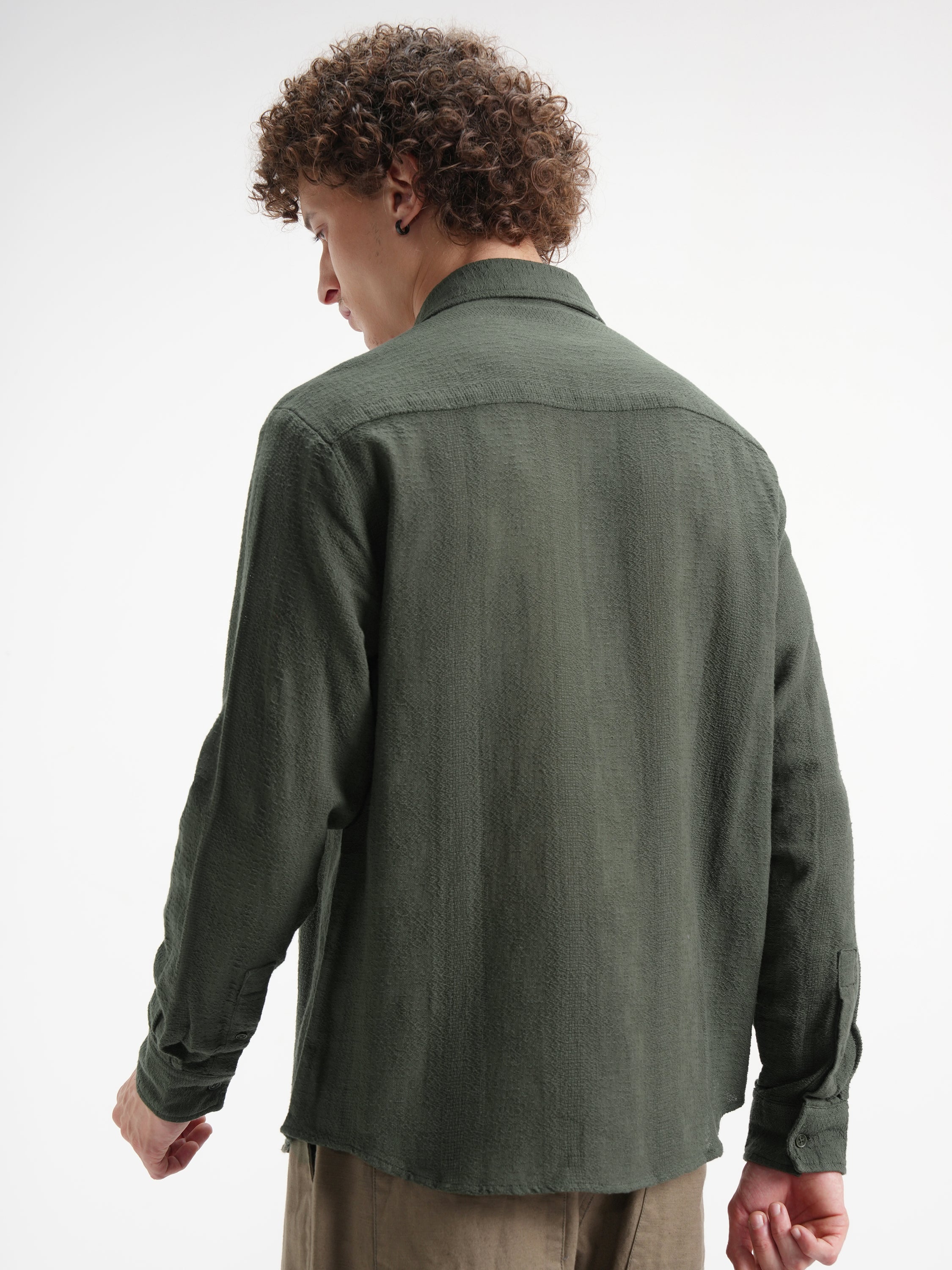 Highlander Men Olive Self Design Relaxed Fit Casual Shirt - Olive - Image 3