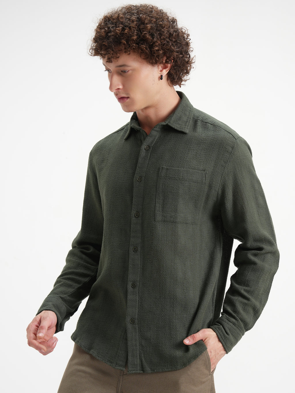 Highlander Men Olive Self Design Relaxed Fit Casual Shirt - Olive - Image 4