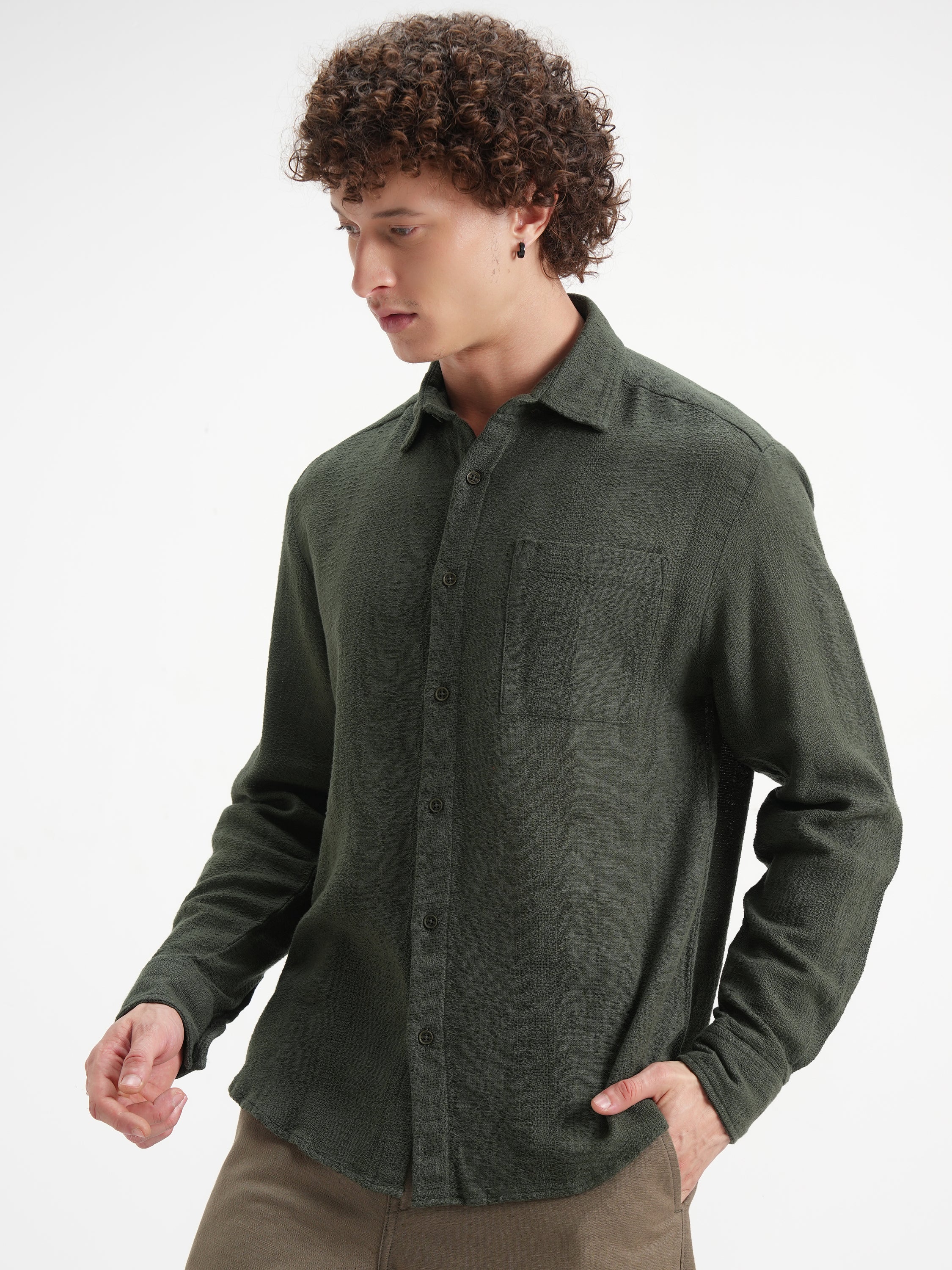 Highlander Men Olive Self Design Relaxed Fit Casual Shirt - Olive - Image 4