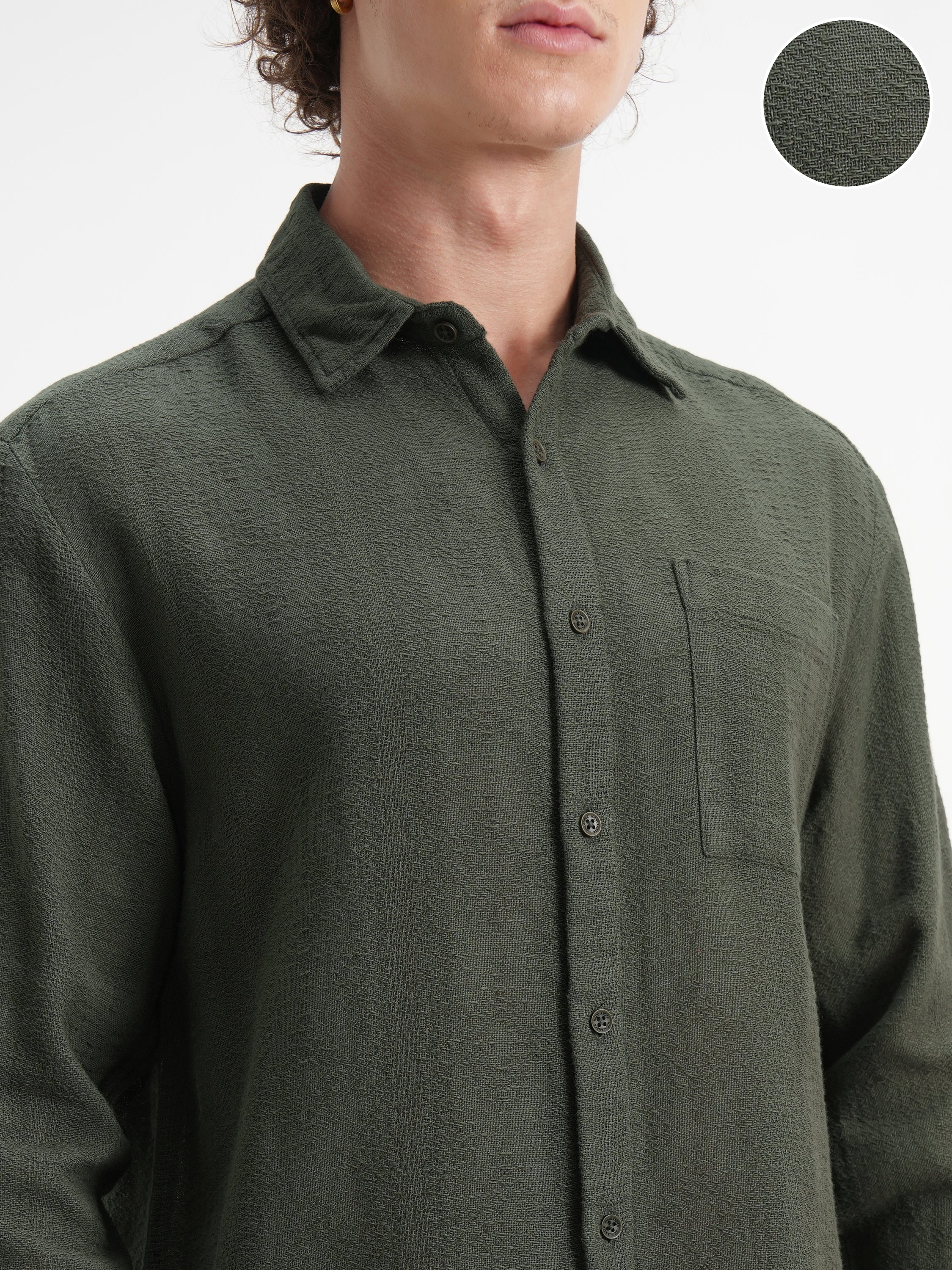 Highlander Men Olive Self Design Relaxed Fit Casual Shirt - Olive - Image 5