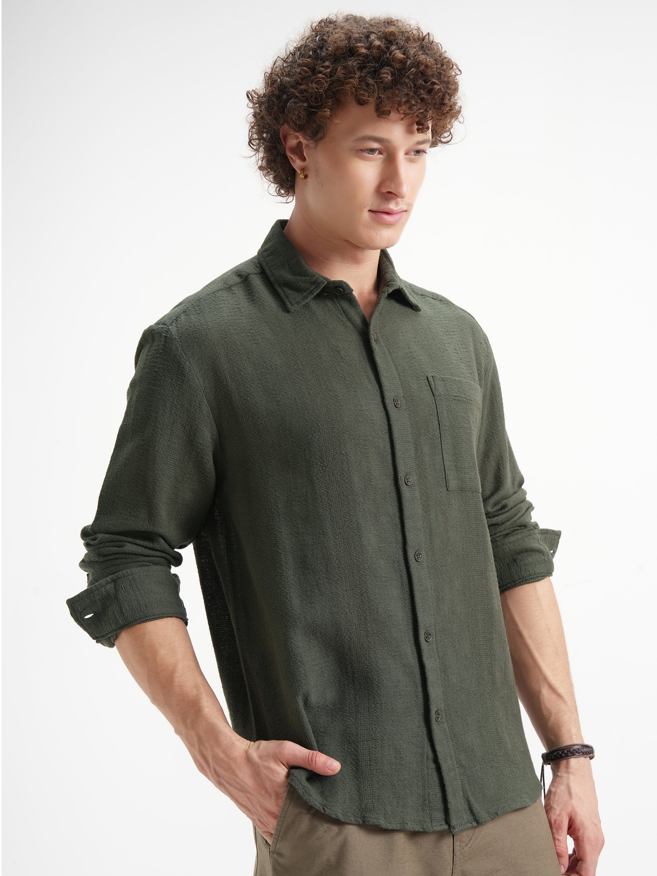 Highlander Men Olive Self Design Relaxed Fit Casual Shirt - Olive - Image 6