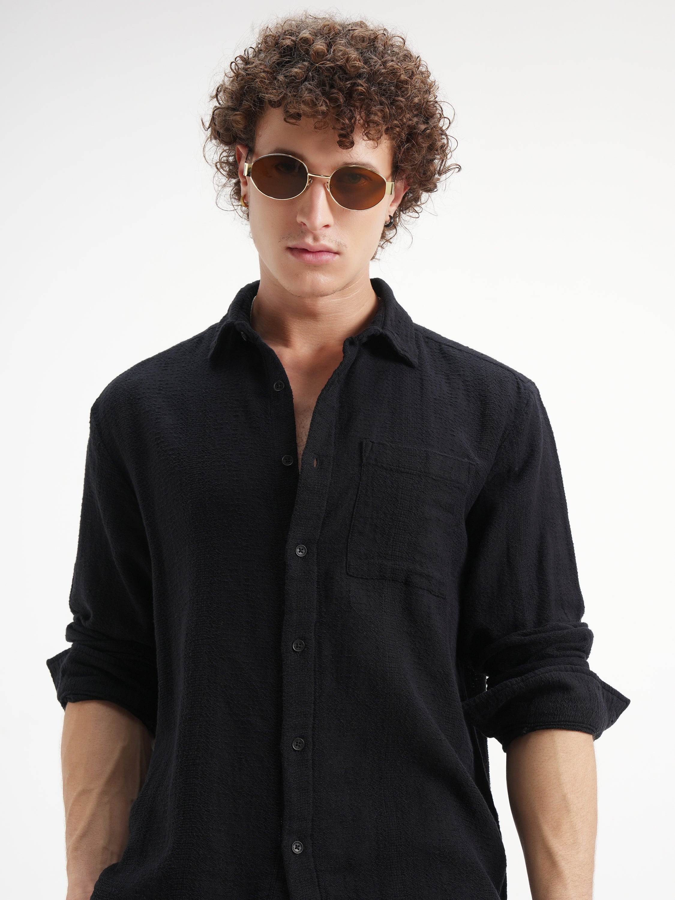 Highlander Men Black Self Design Relaxed Fit Casual Shirt - Black - Image 1